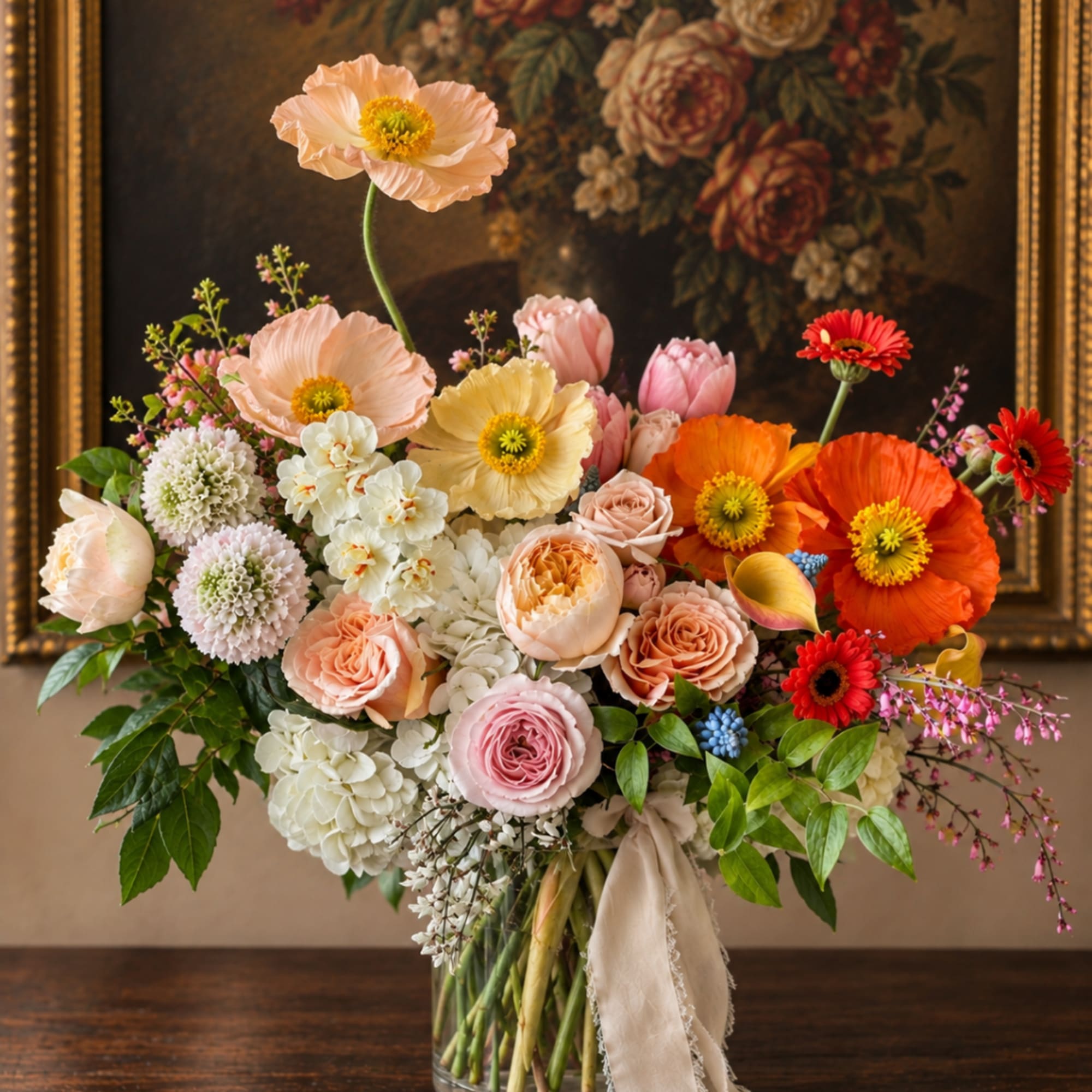 Mixed pastel bouquet with poppies, roses, tulips, and gerbera daisies in a glass vase