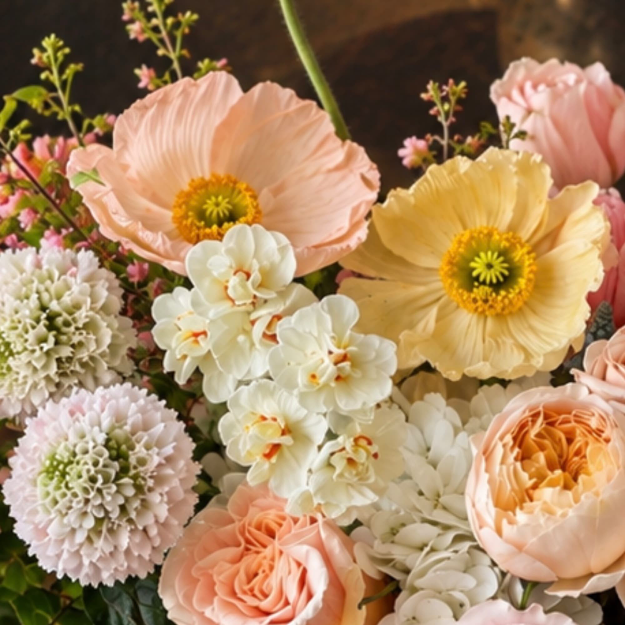 Pastel bouquet with peach poppies, cream orchids, and blush roses