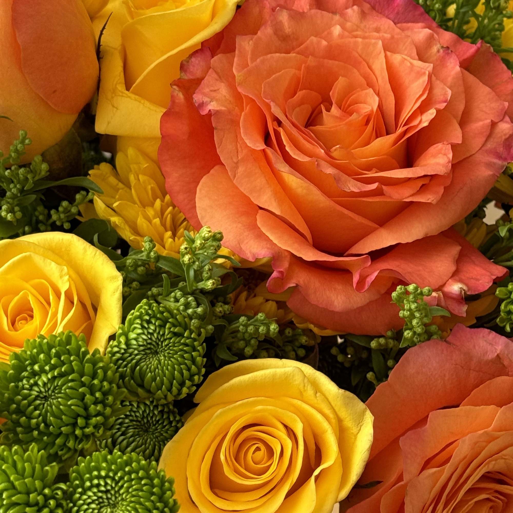 Bouquet of orange and yellow roses with green button mums