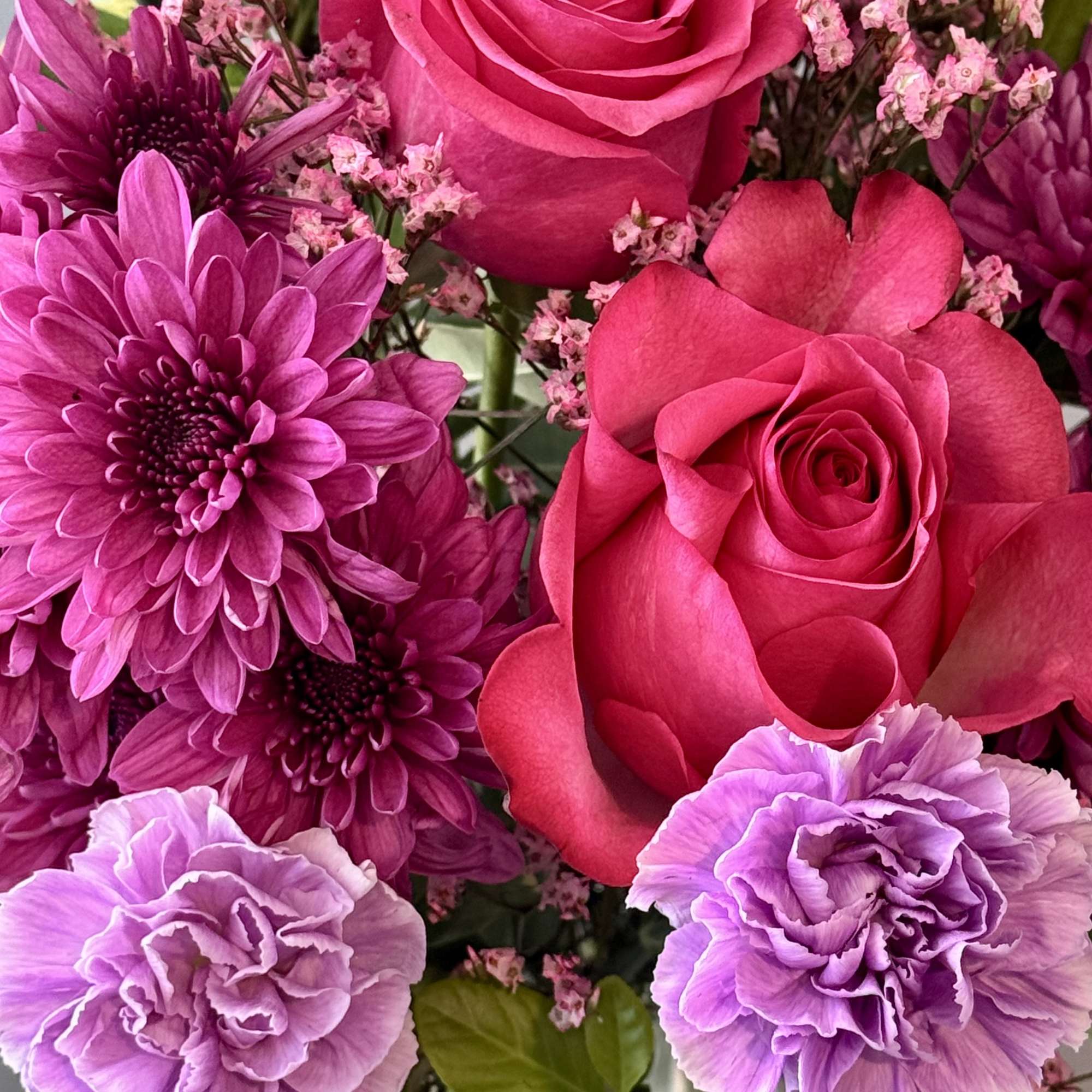 Pink roses and purple chrysanthemums in a close-up bouquet