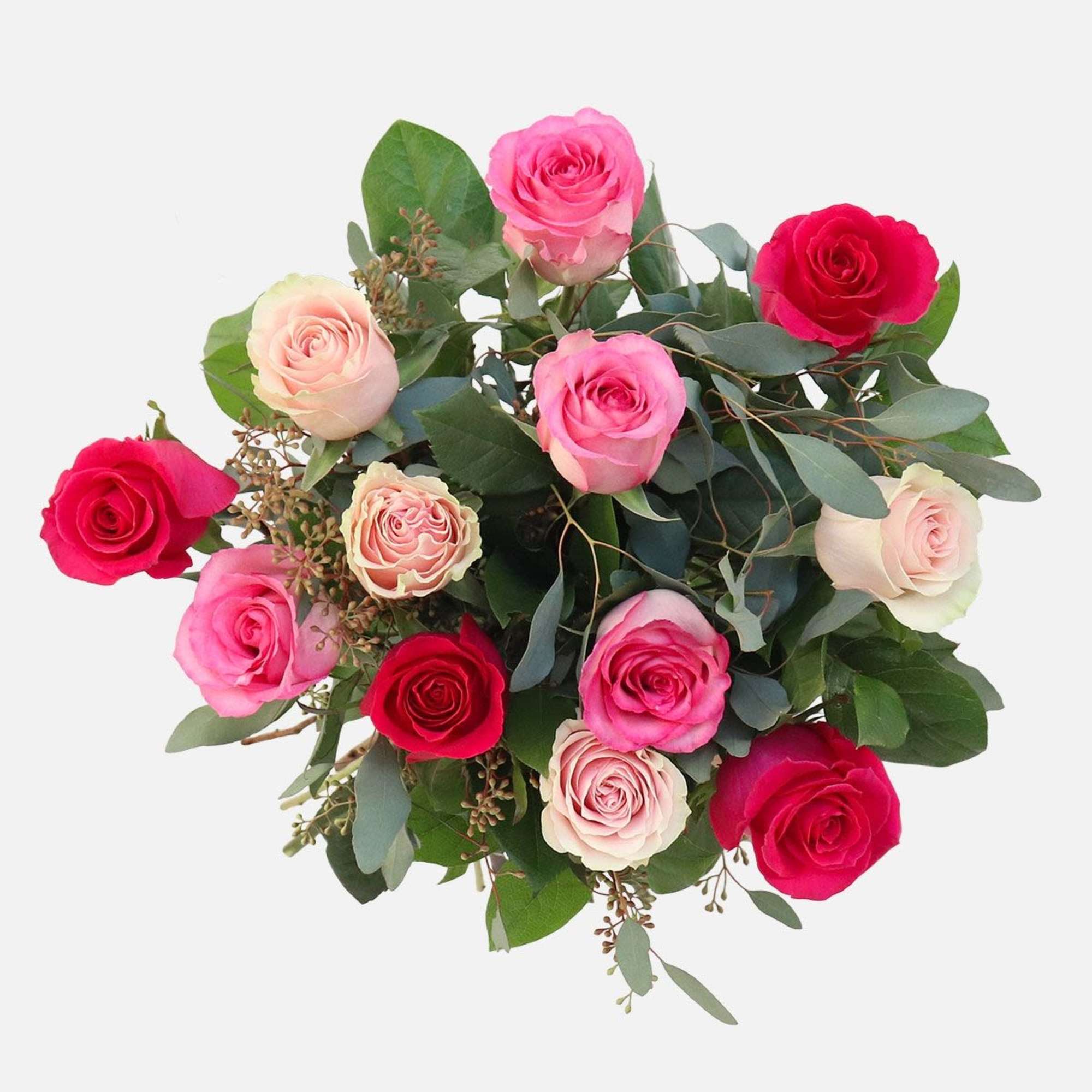 Bouquet of pink and red roses with eucalyptus foliage
