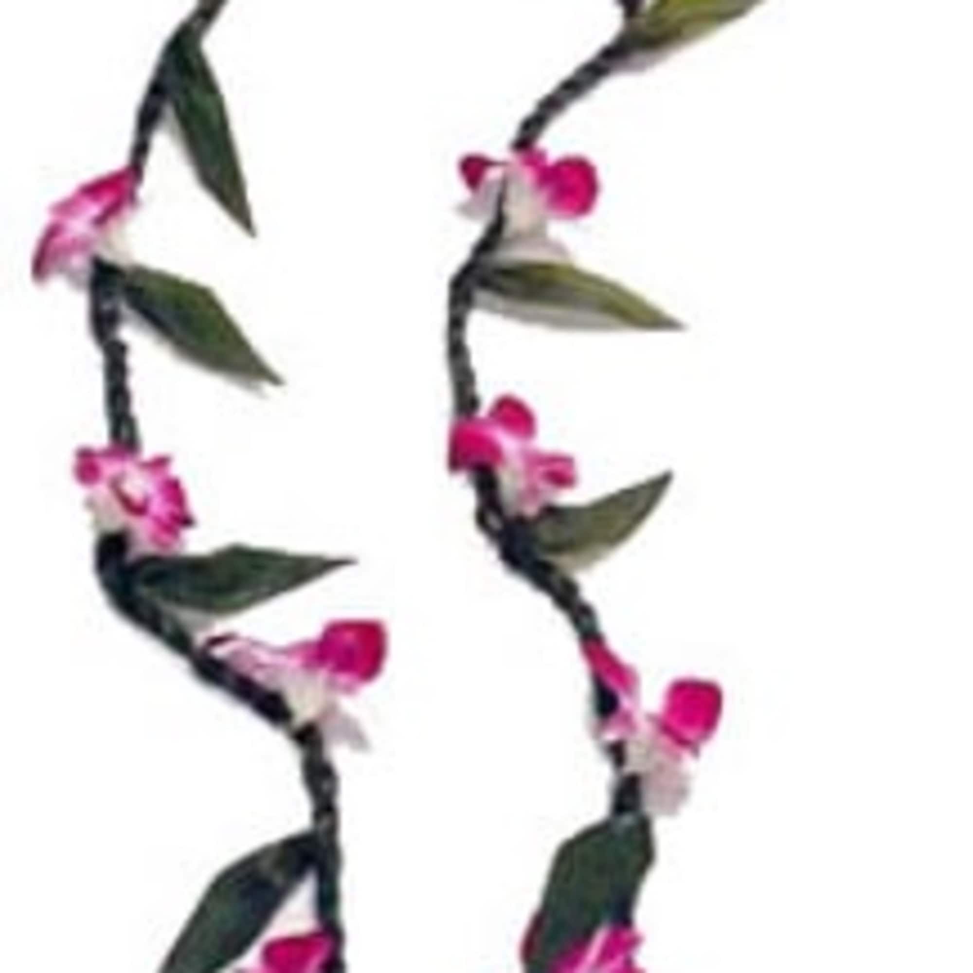 Pink flower lei with green leaves on a white background