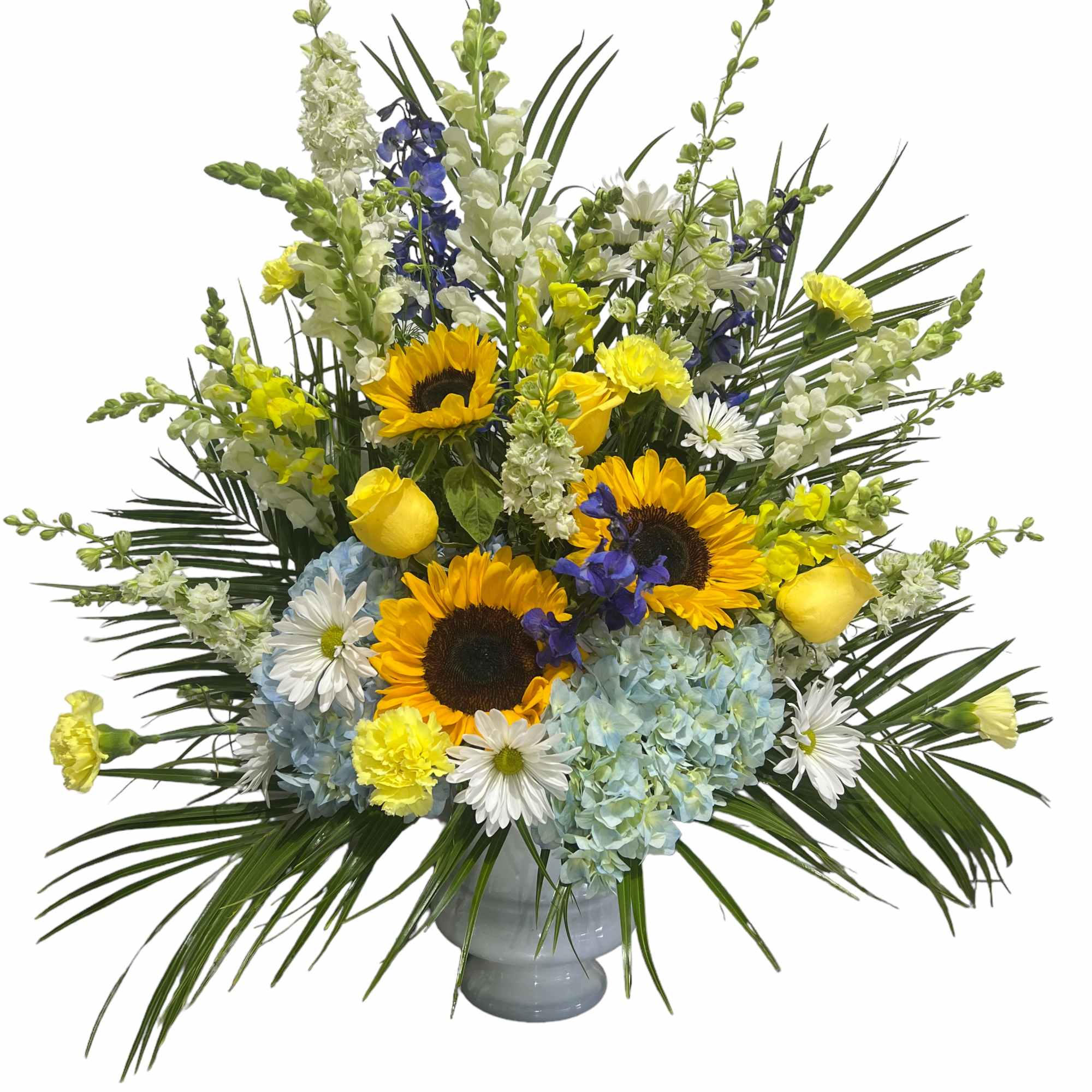 Sunflower and hydrangea arrangement in a gray vase