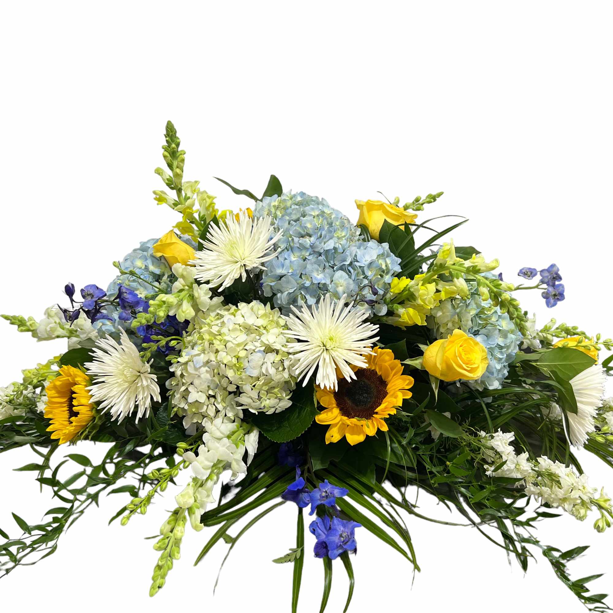 Mixed bouquet with blue hydrangeas, yellow roses, sunflowers, and white spider mums