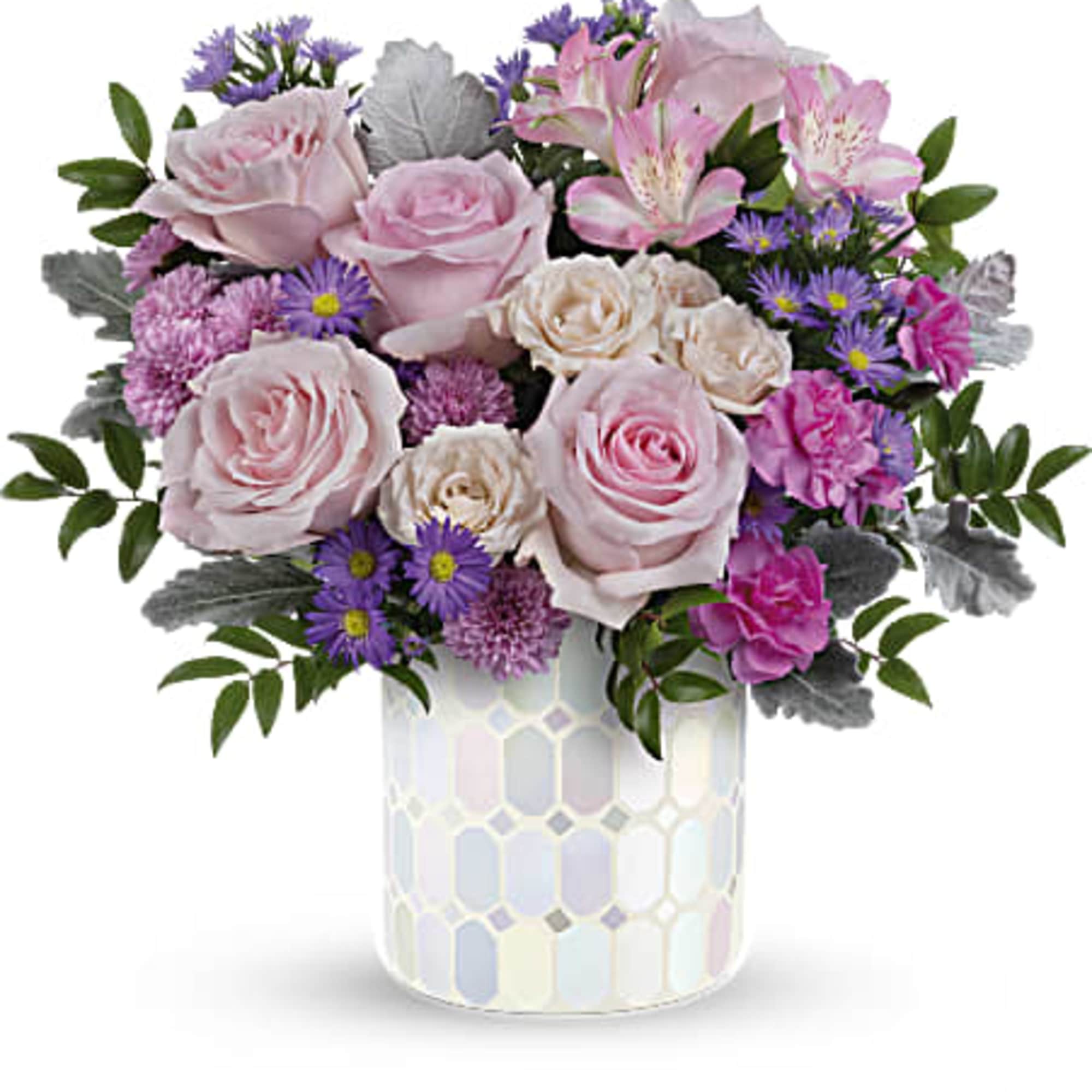 Pink roses and purple flowers arranged in a mosaic vase