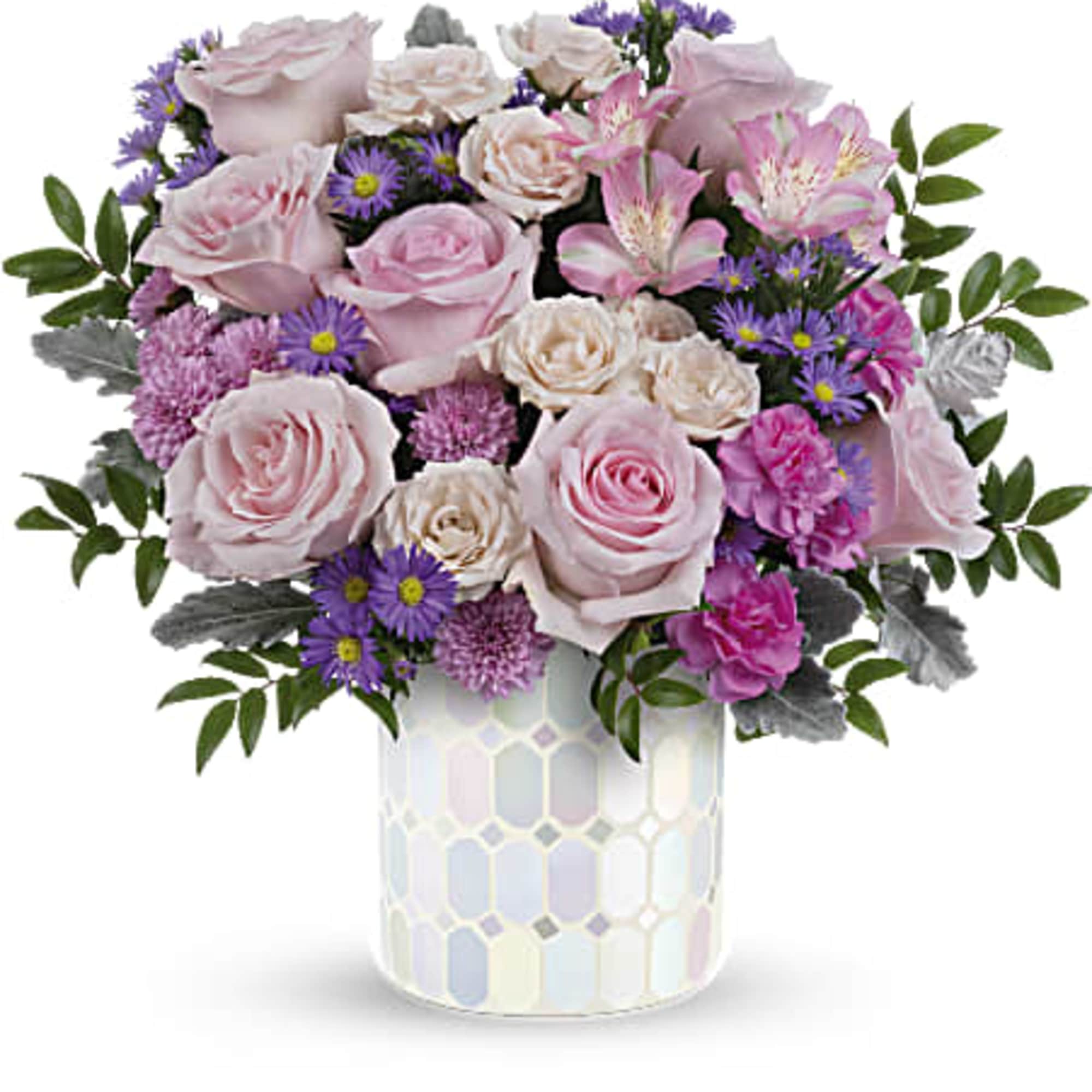 Pink and lavender bouquet in a patterned vase