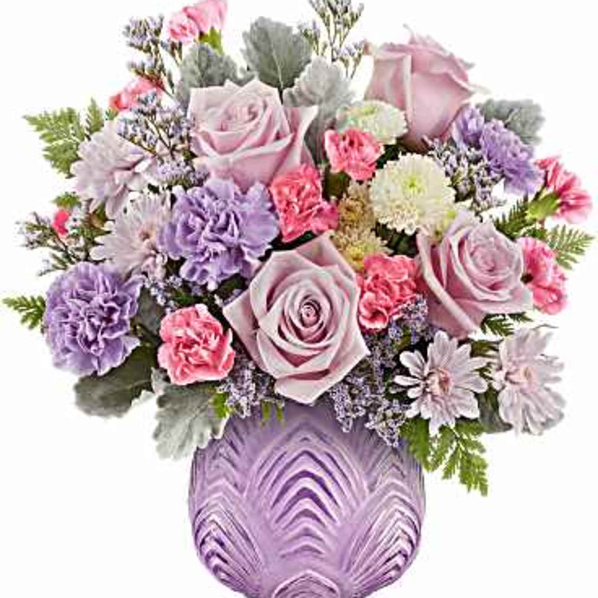 Lavender and pink bouquet in a purple vase