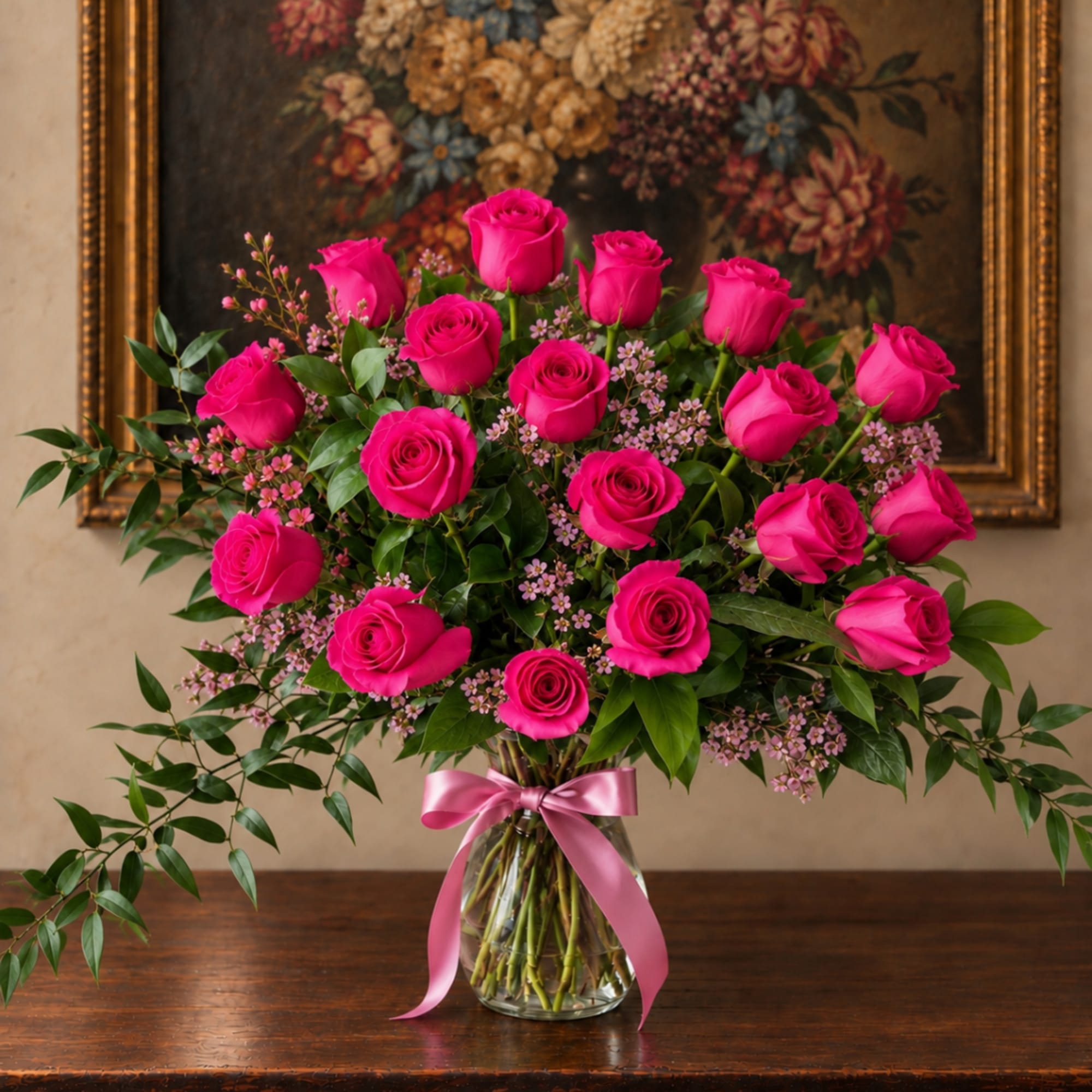 Pink roses arranged in a clear glass vase with a pink ribbon