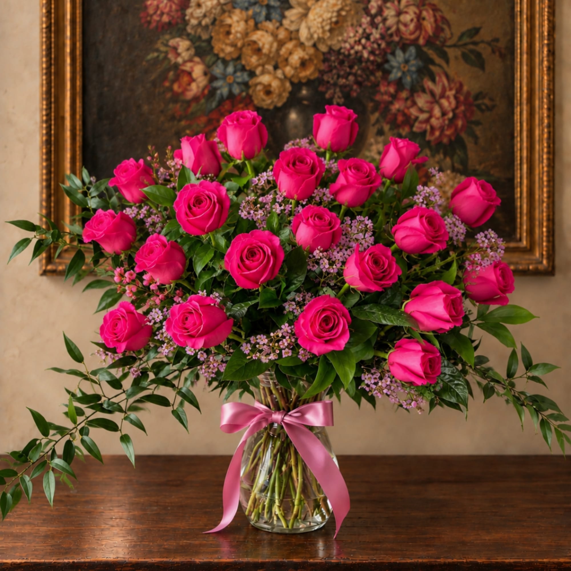 Pink roses arranged in a clear glass vase with a pink ribbon