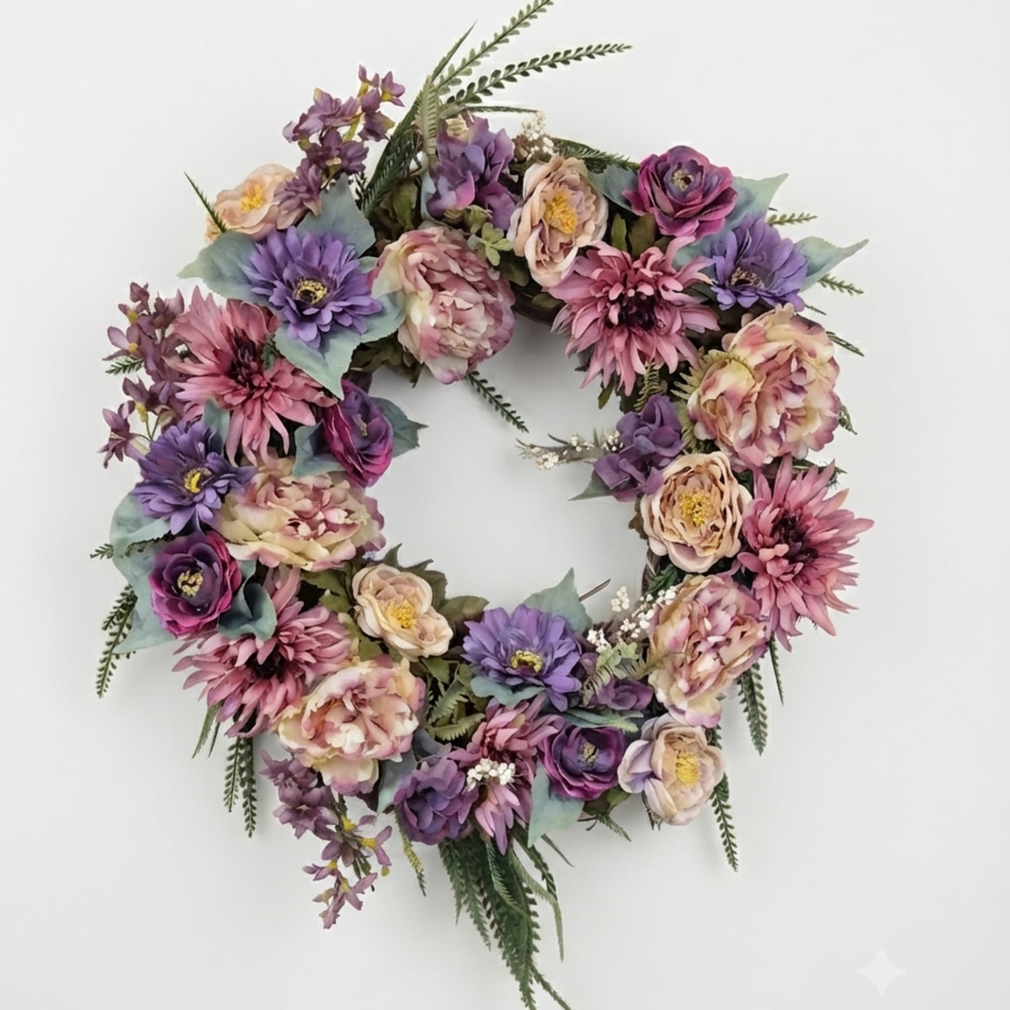 Circular floral wreath with purple, pink, and cream blooms