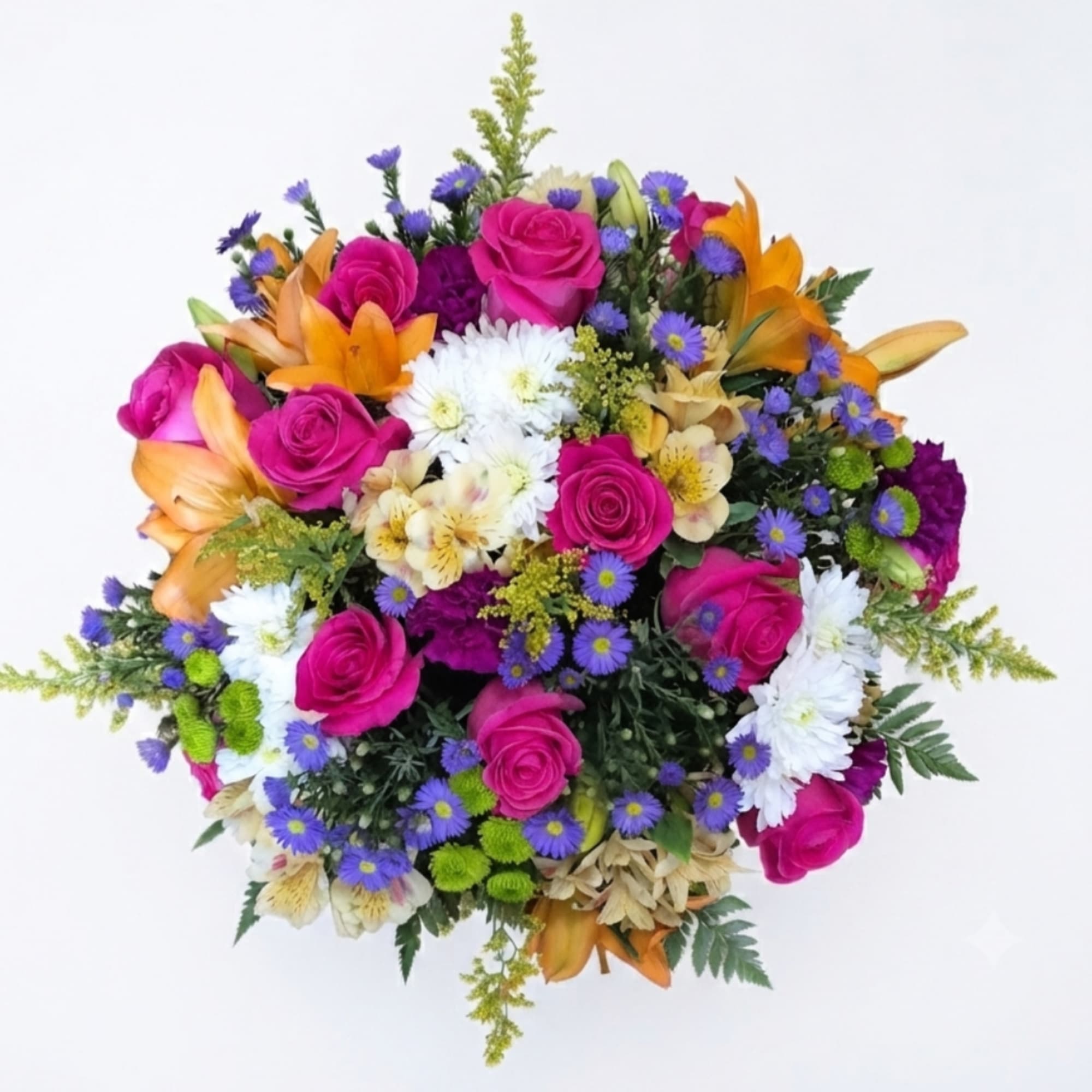 Mixed bouquet with pink roses, orange lilies, white daisies, and purple filler flowers
