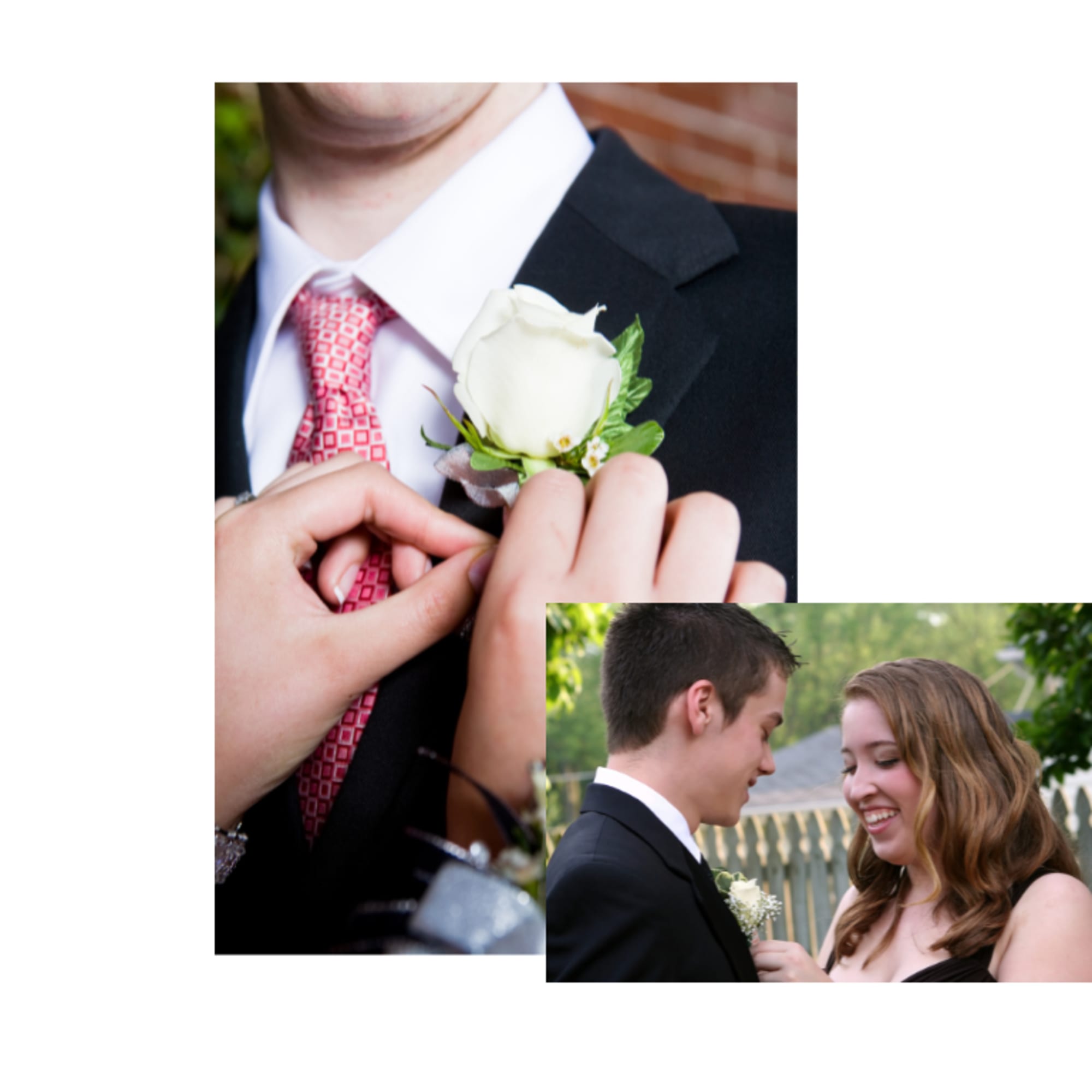 White rose boutonniere being pinned to a suit jacket
