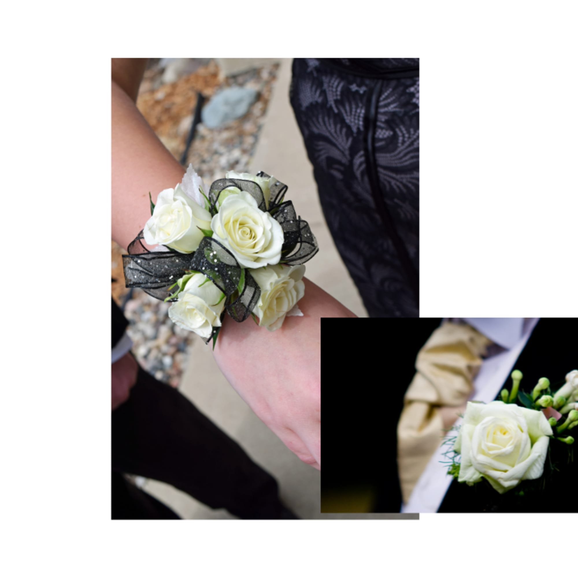 White rose wrist corsage with black ribbon and a white rose boutonniere