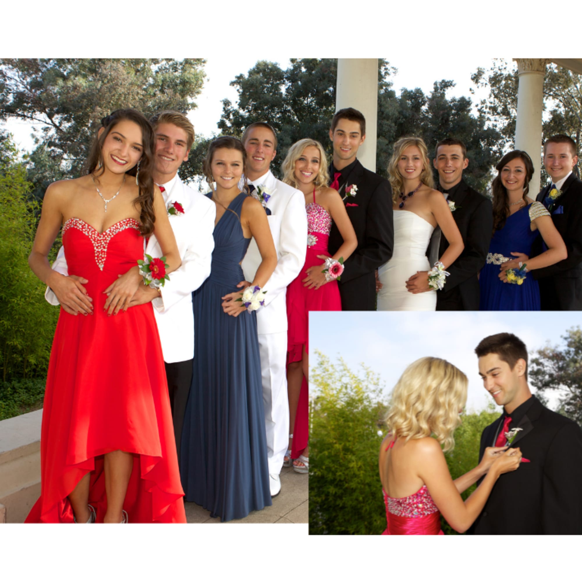 Group of teens in formalwear with corsages and boutonnieres