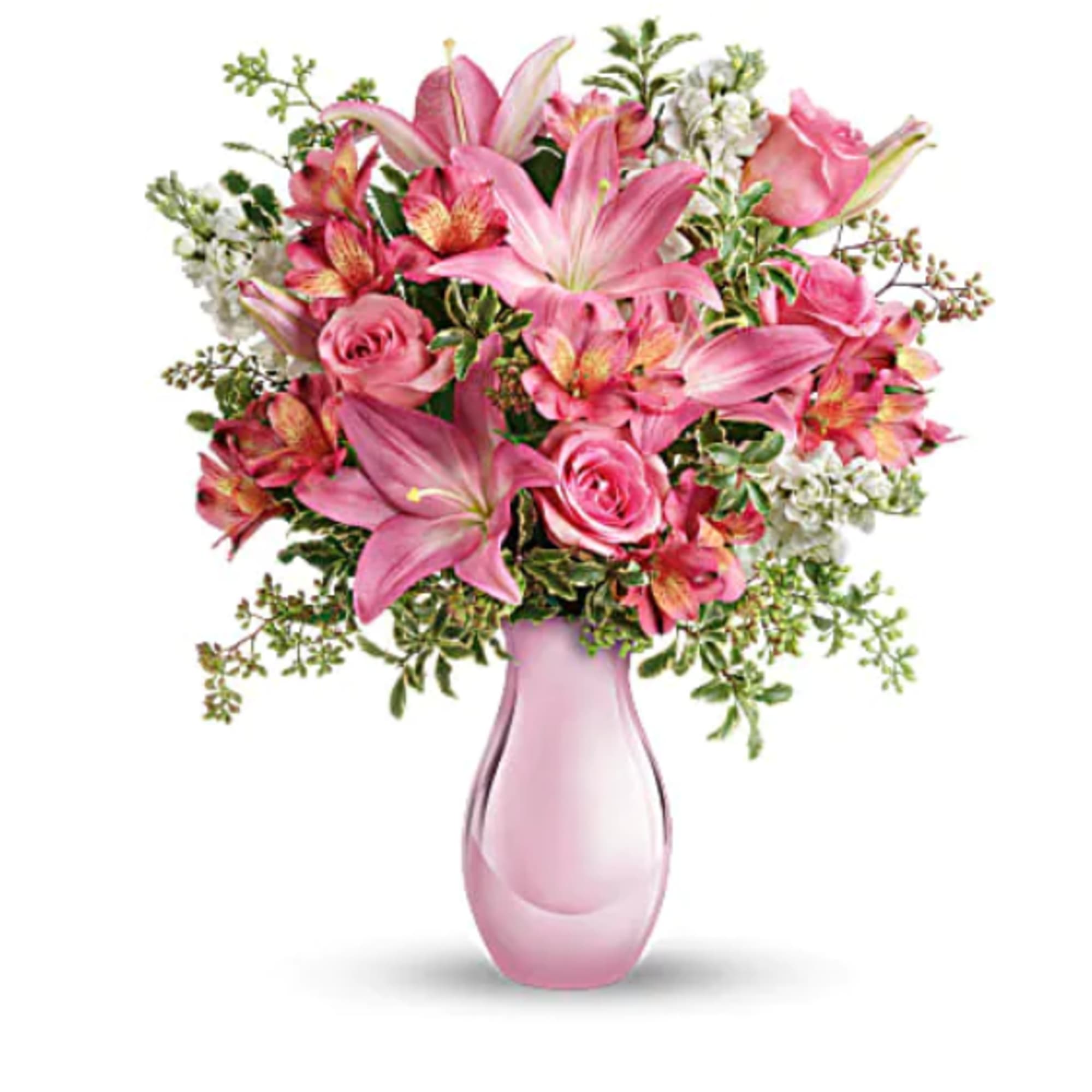 **Deluxe Arrangement Pictured**

The full, rounded silhouette of this pink arrangement makes an