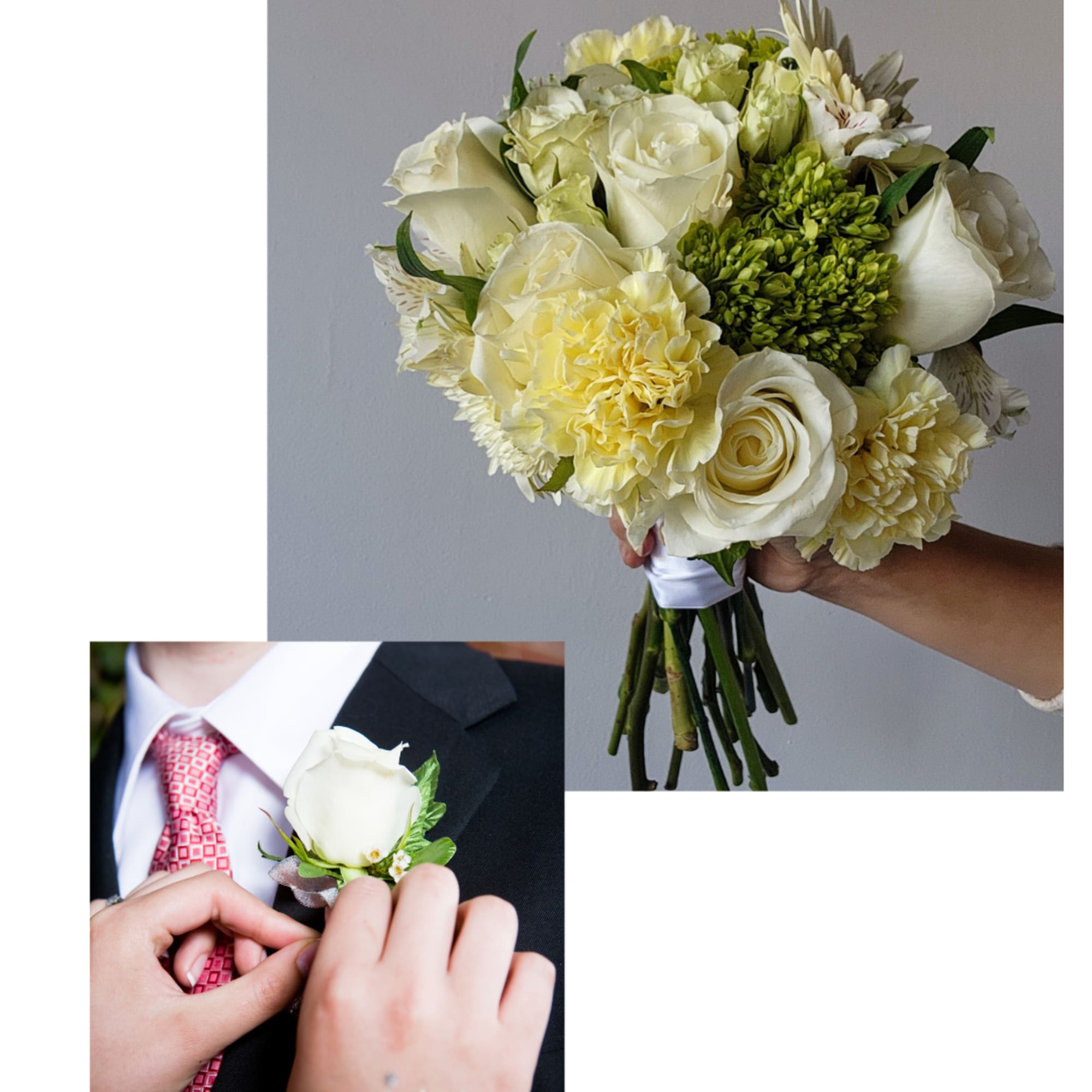 White bridal bouquet and matching boutonniere with cream flowers