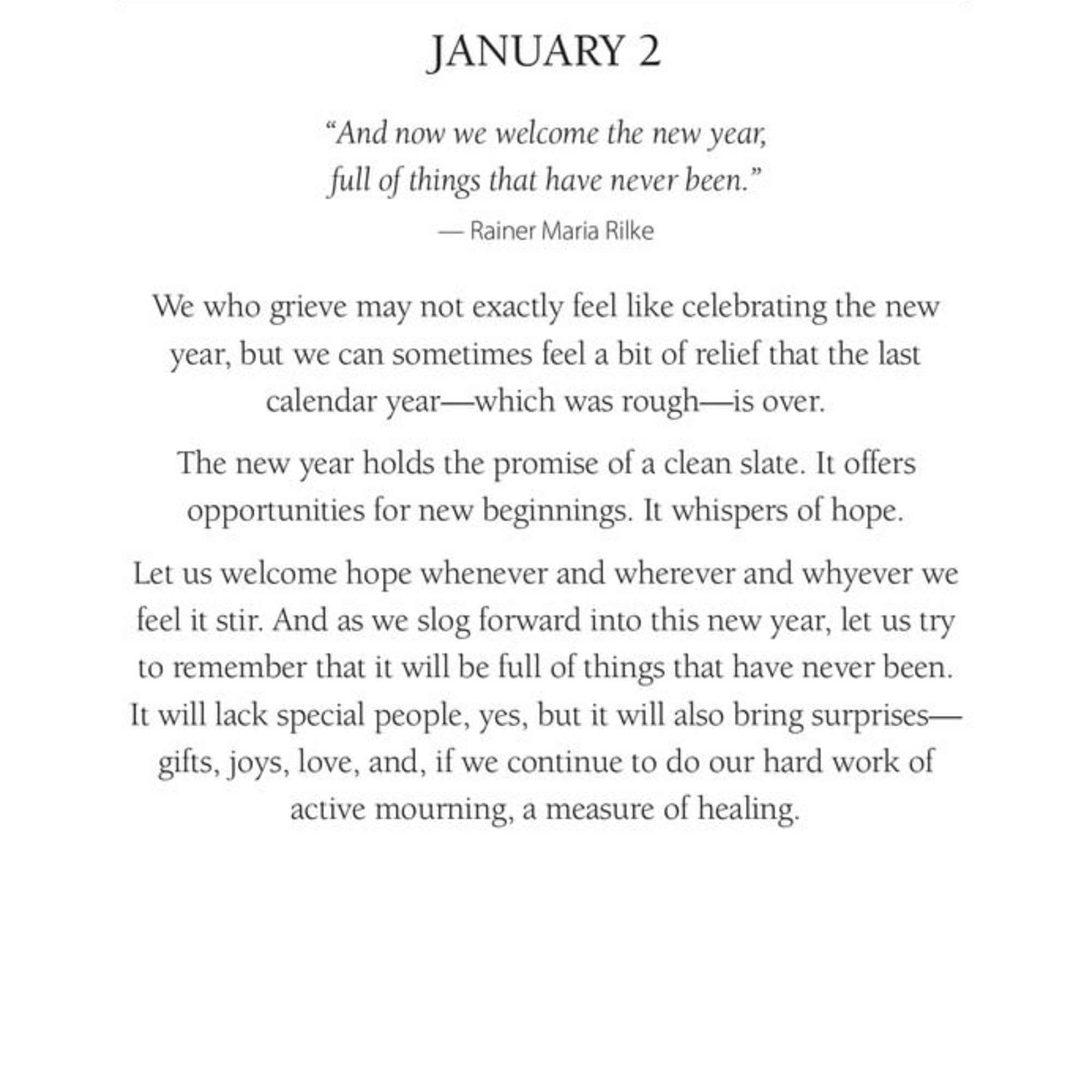 A printed page with a January 2 quote and a small feather illustration