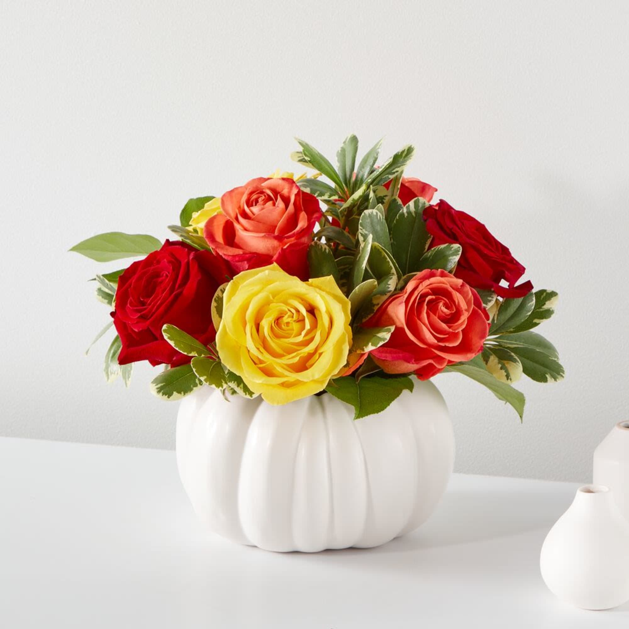 A modern take on classic pumpkin d&eacute;cor, this bouquet is the perfect