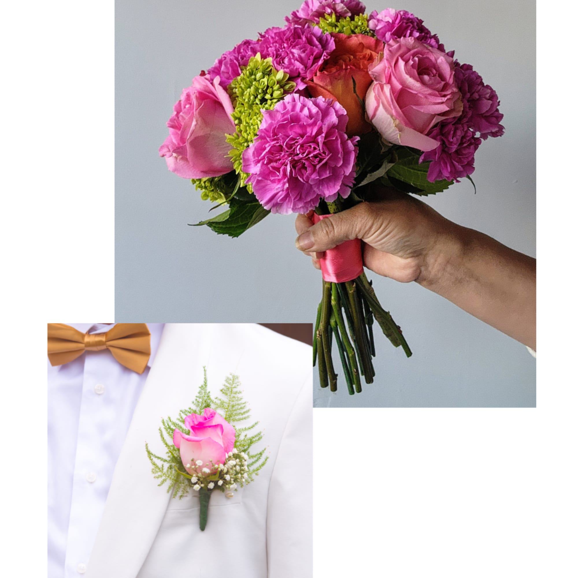 Pink rose and carnation bouquet with a matching boutonniere