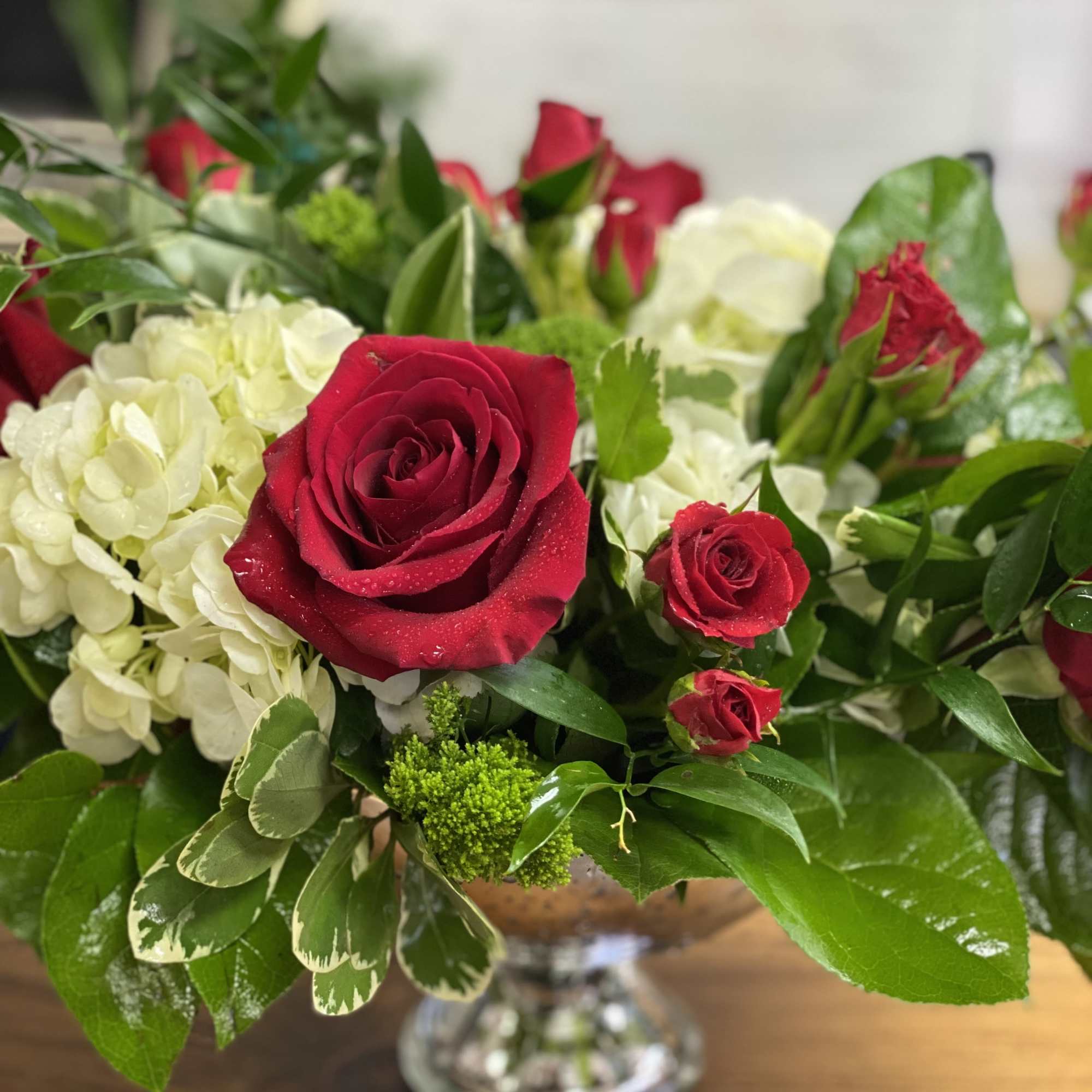 Red Roses with white florals in an elegant metallic pedestal vase, photo 3 of 3