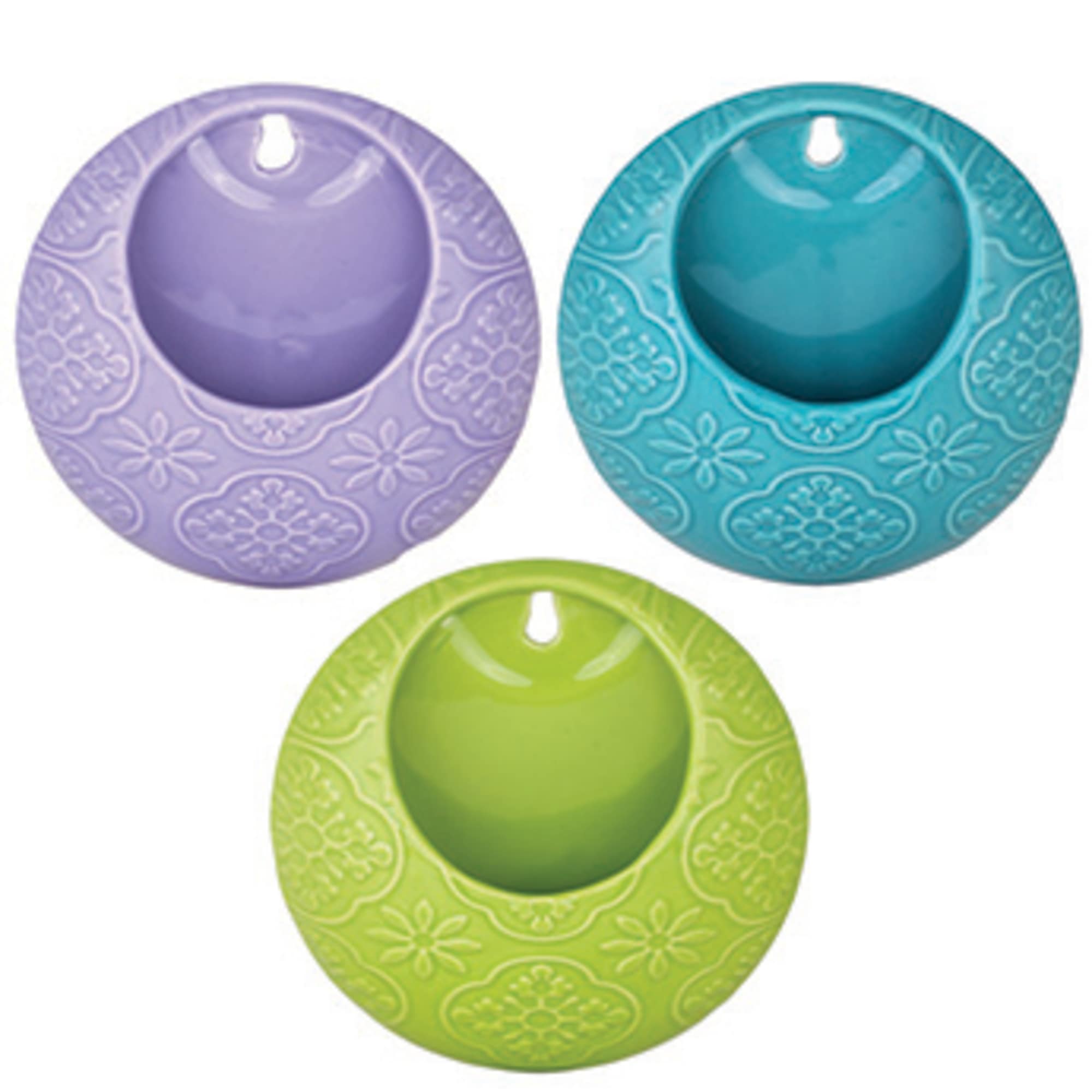Three decorative round wall planters in purple, teal, and green