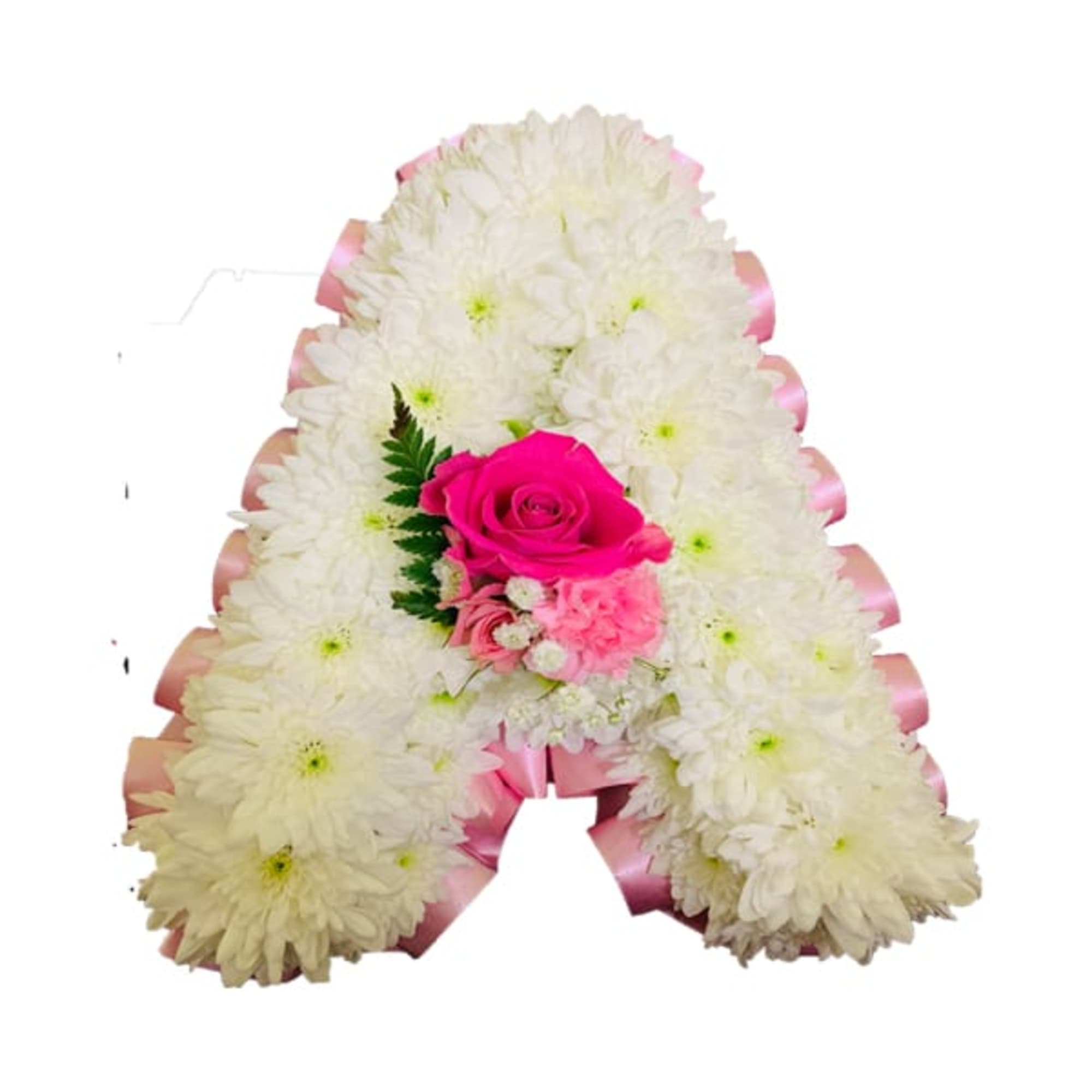 White chrysanthemum floral tribute with pink roses and ribbon trim