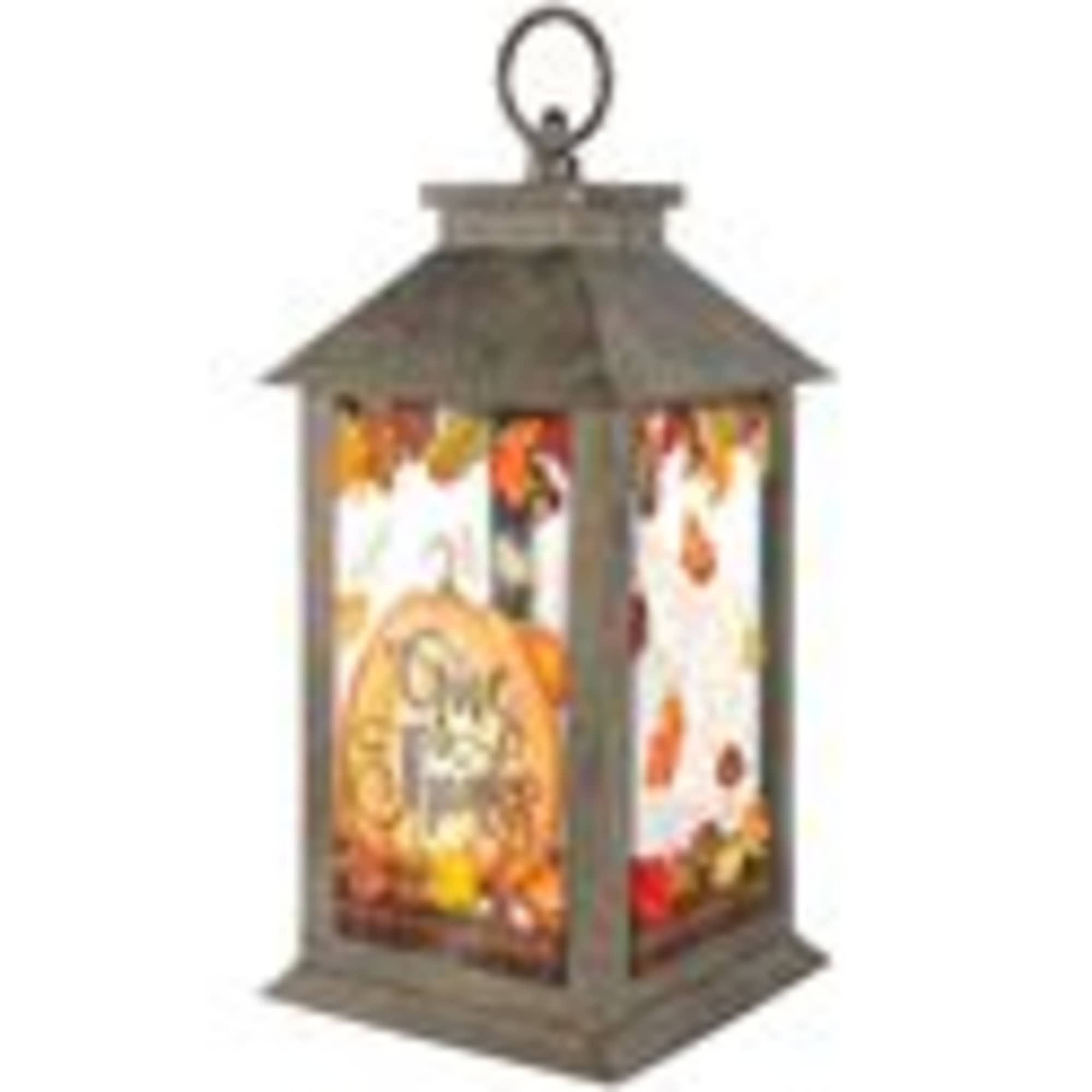 Decorative lantern with autumn leaf panels and a cat illustration