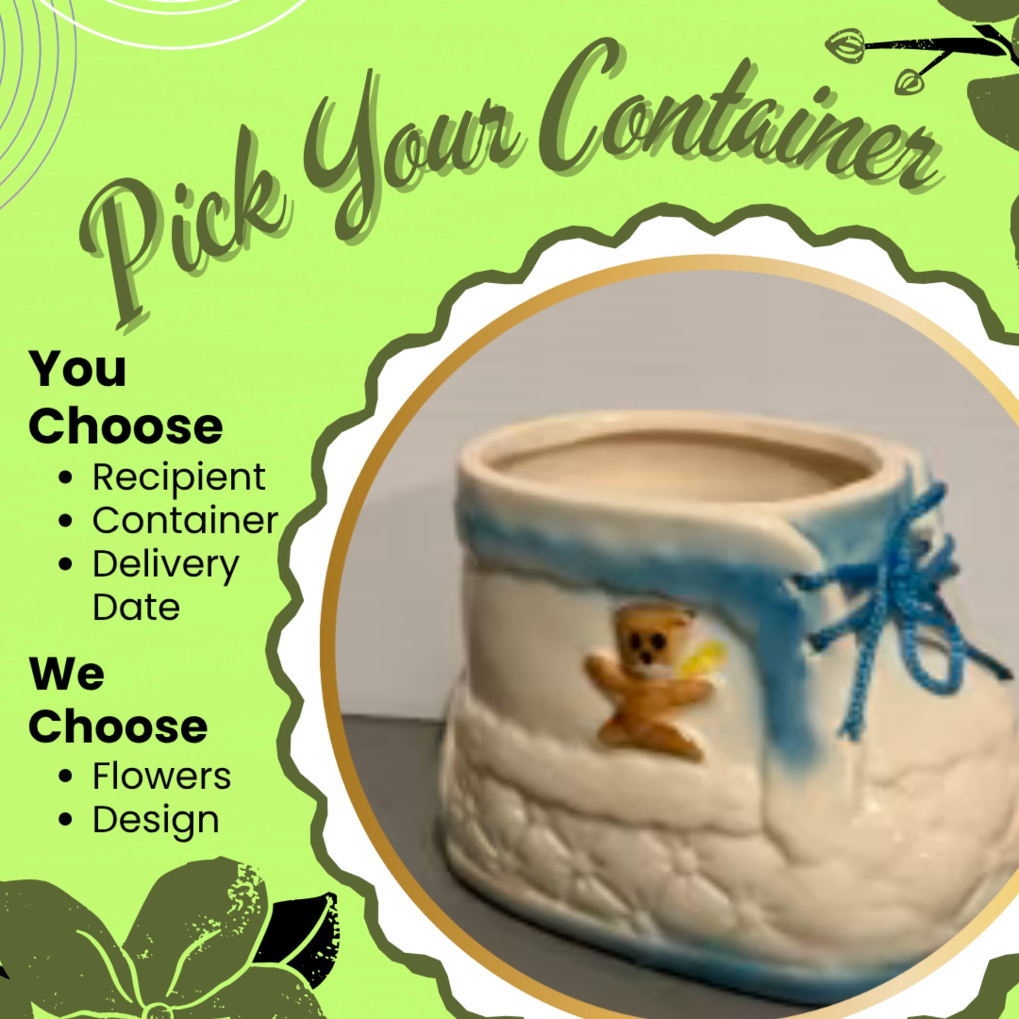 Decorative ceramic container with a blue ribbon and teddy bear accent
