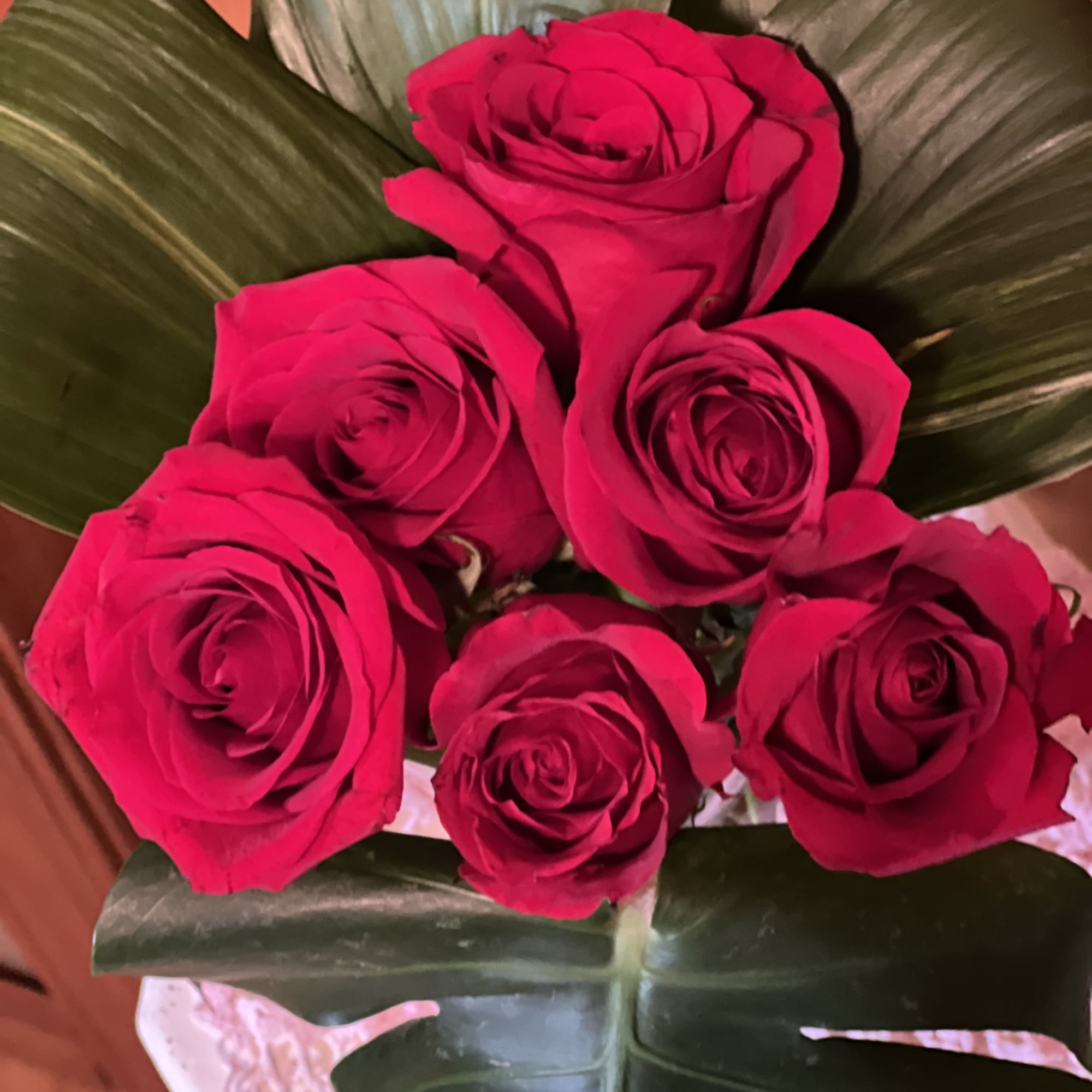 Bouquet of hot pink roses with large tropical leaves