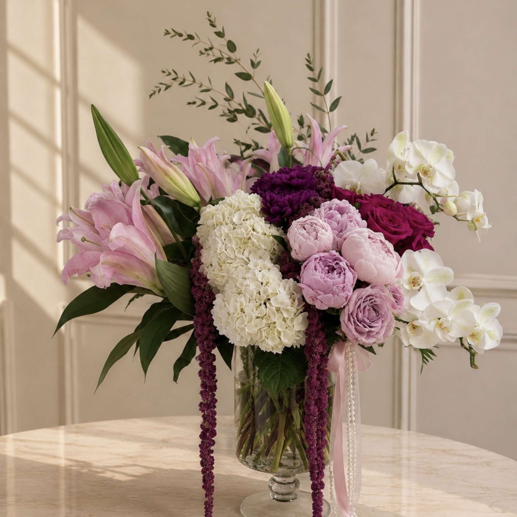 Pink and white floral arrangement in a glass vase