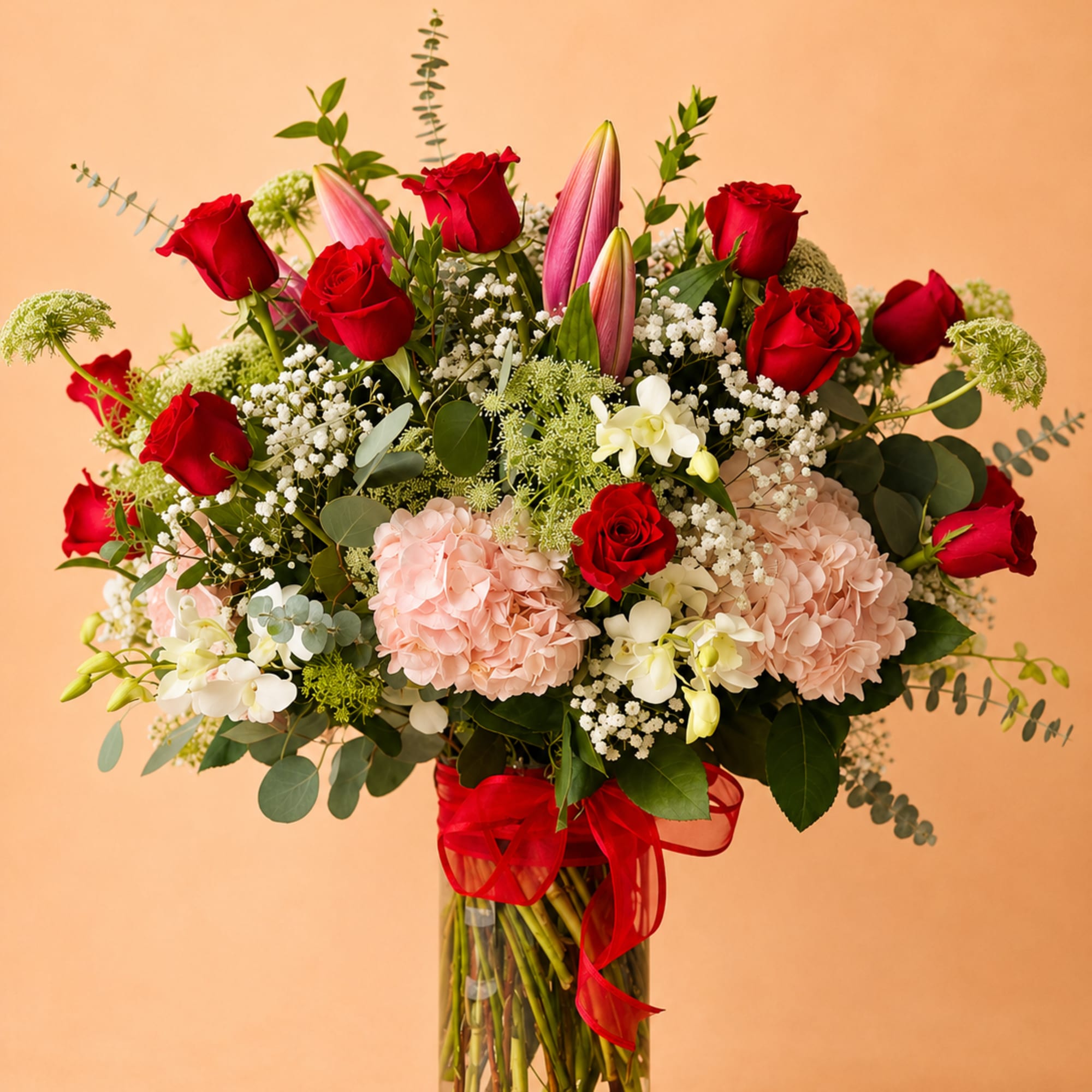 Red Roses, Orchids, Hydrangeas, Lilies