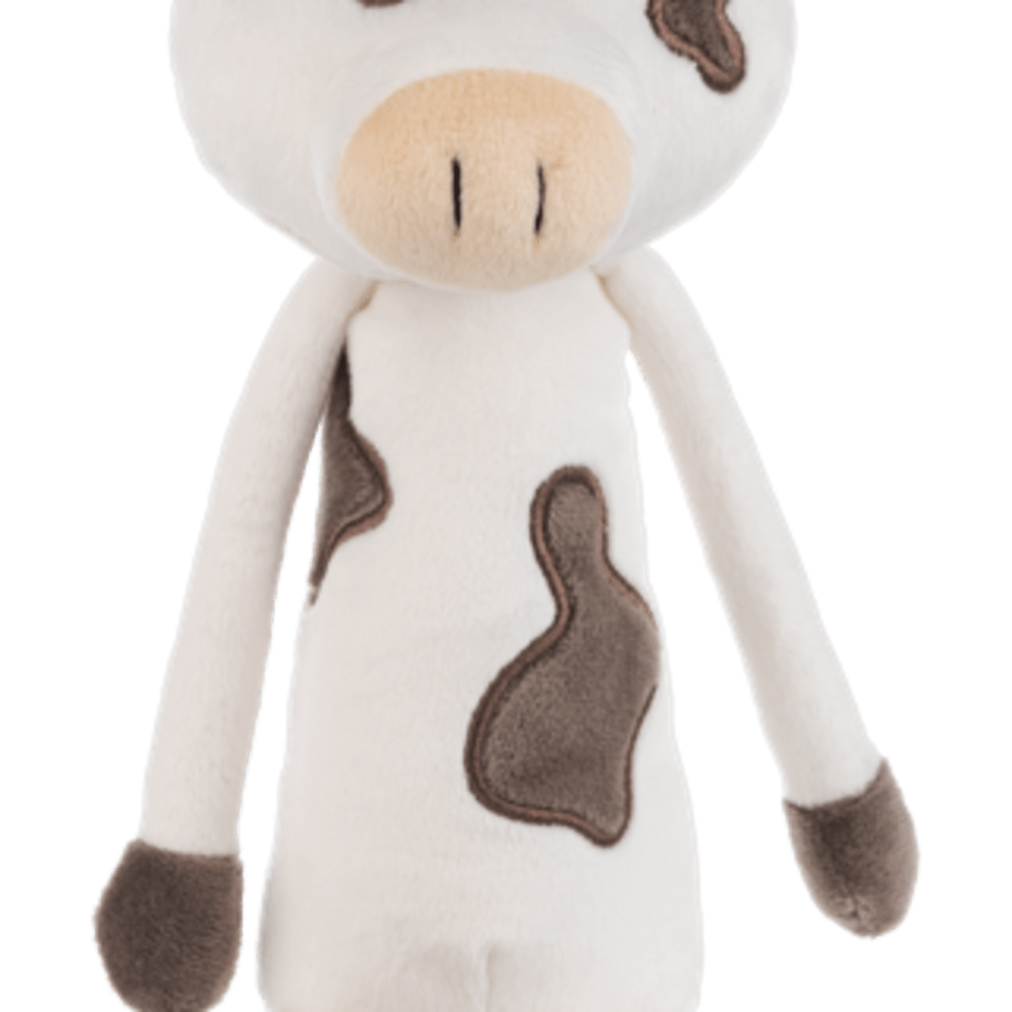 Plush cow stuffed animal with brown patches and cream horns