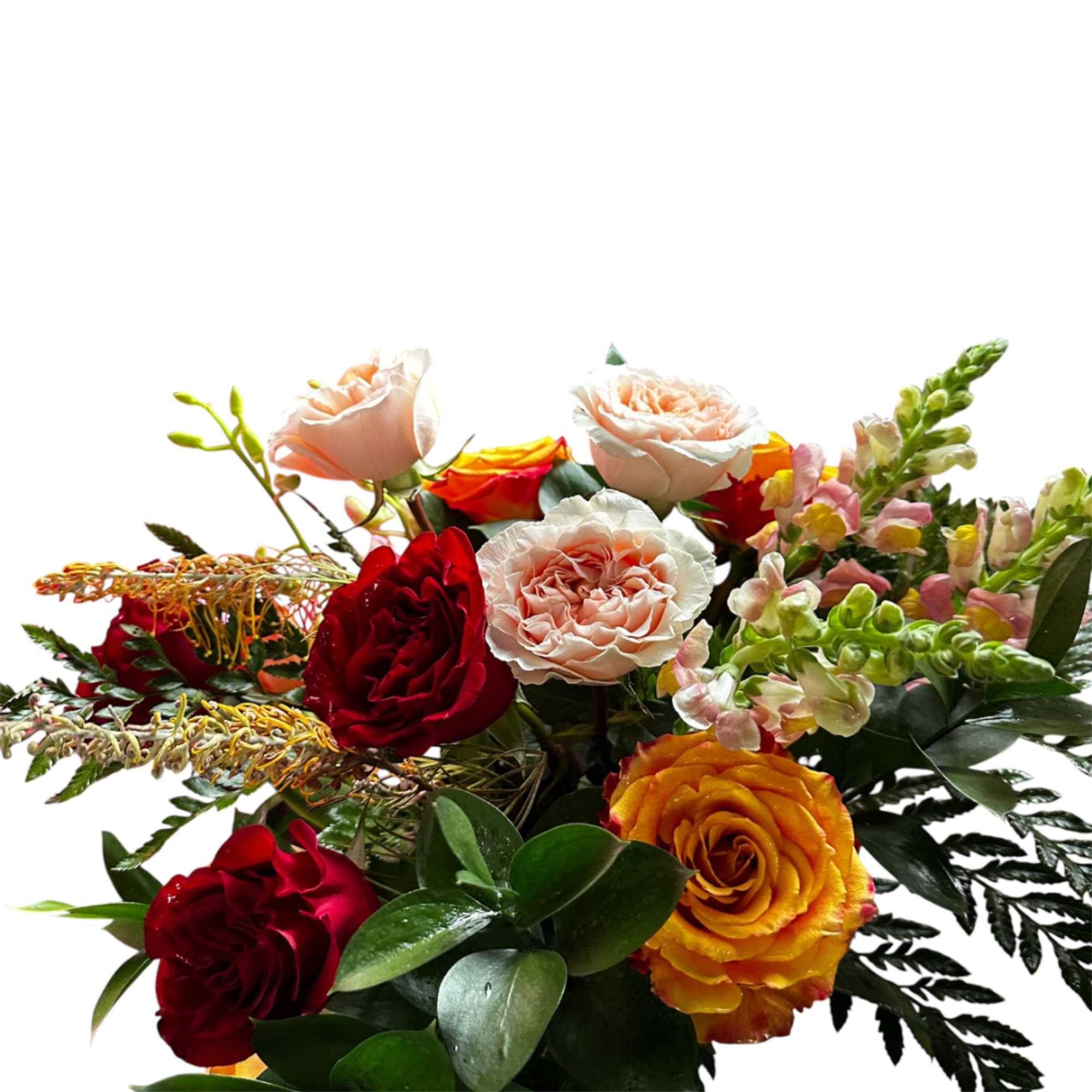 Mixed bouquet of roses and snapdragons in red, peach, and yellow