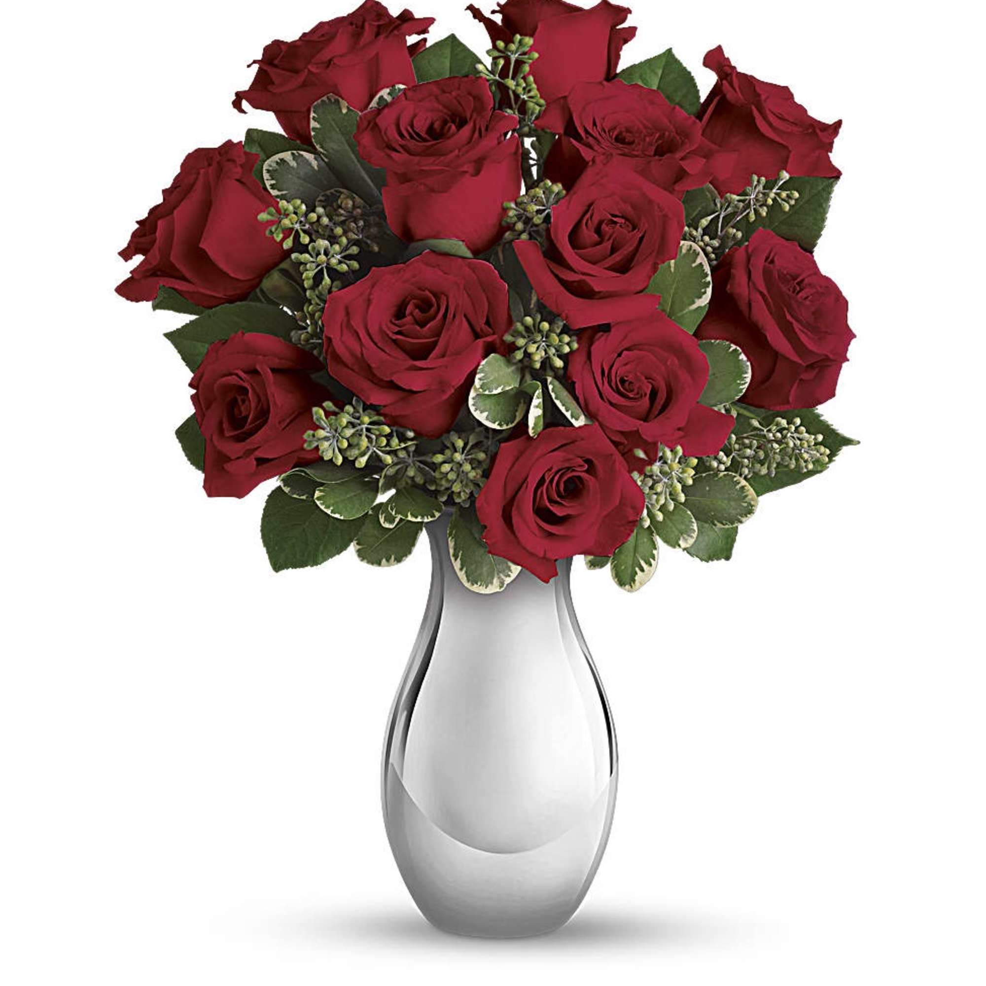 Arrangement of red roses in a shiny silver vase