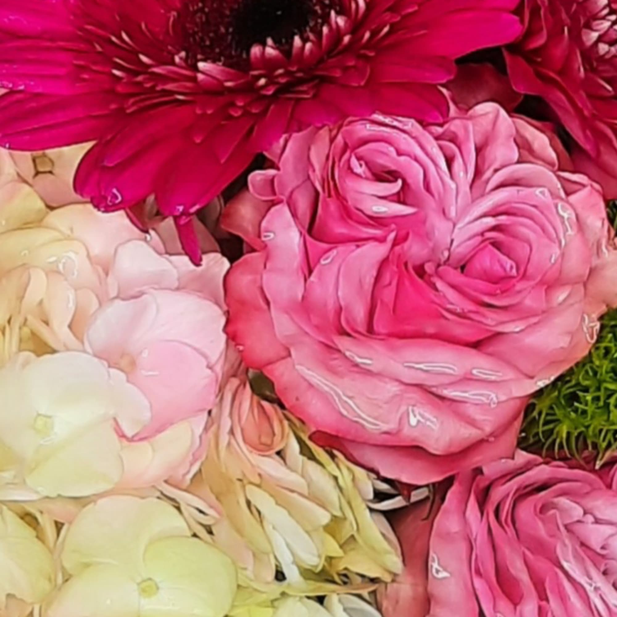 Close-up of pink and cream flowers with a bright magenta bloom