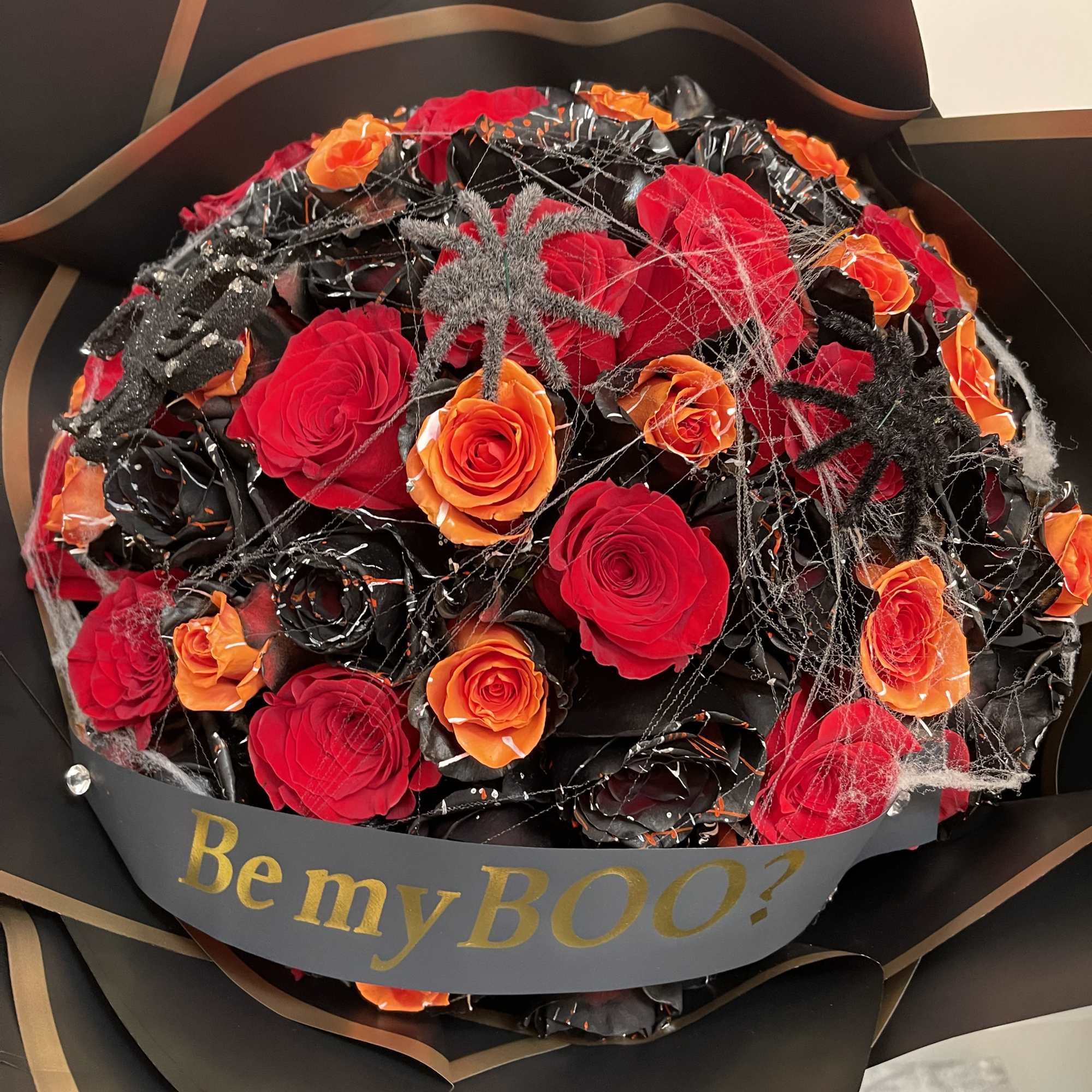 Black, orange and red roses (60 roses) 