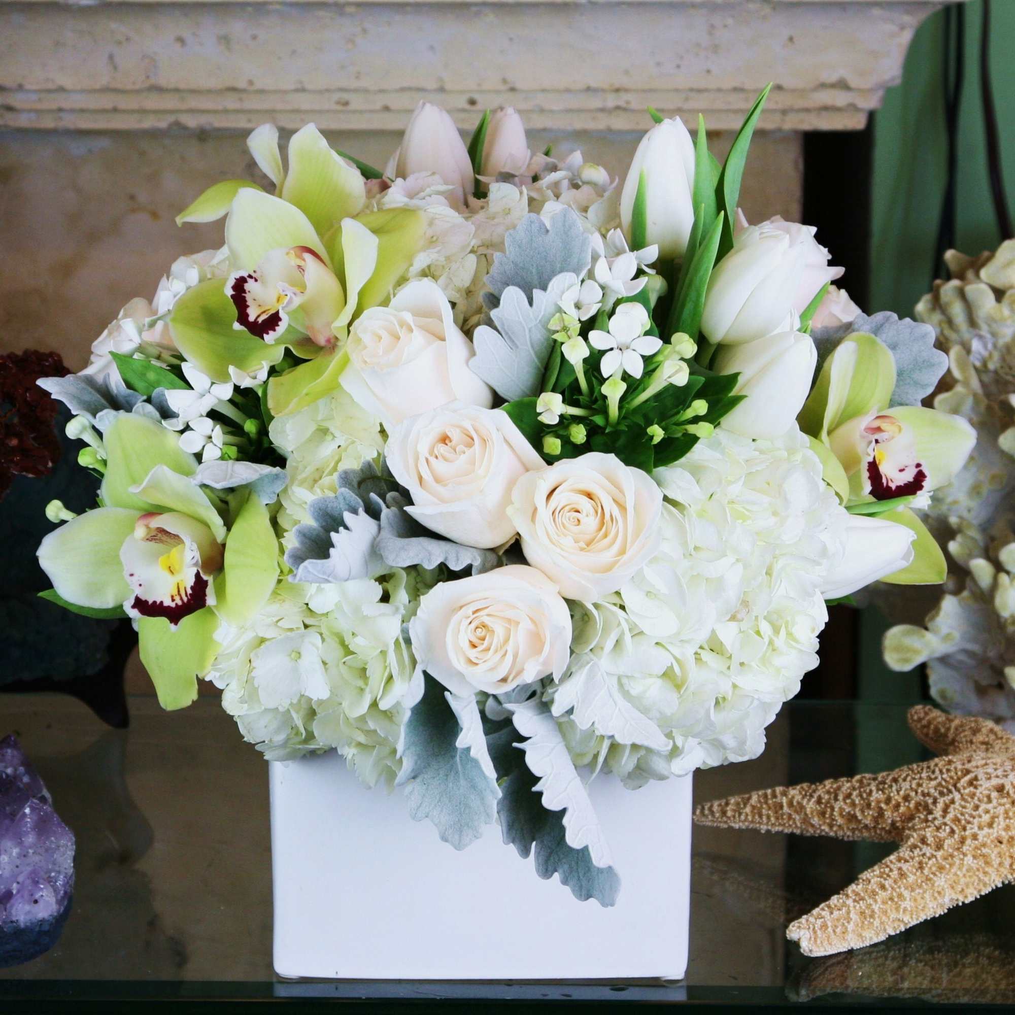 Hydrangeas, White Roses, White Tulips, cymbidium Orchid., photo 2 of 2