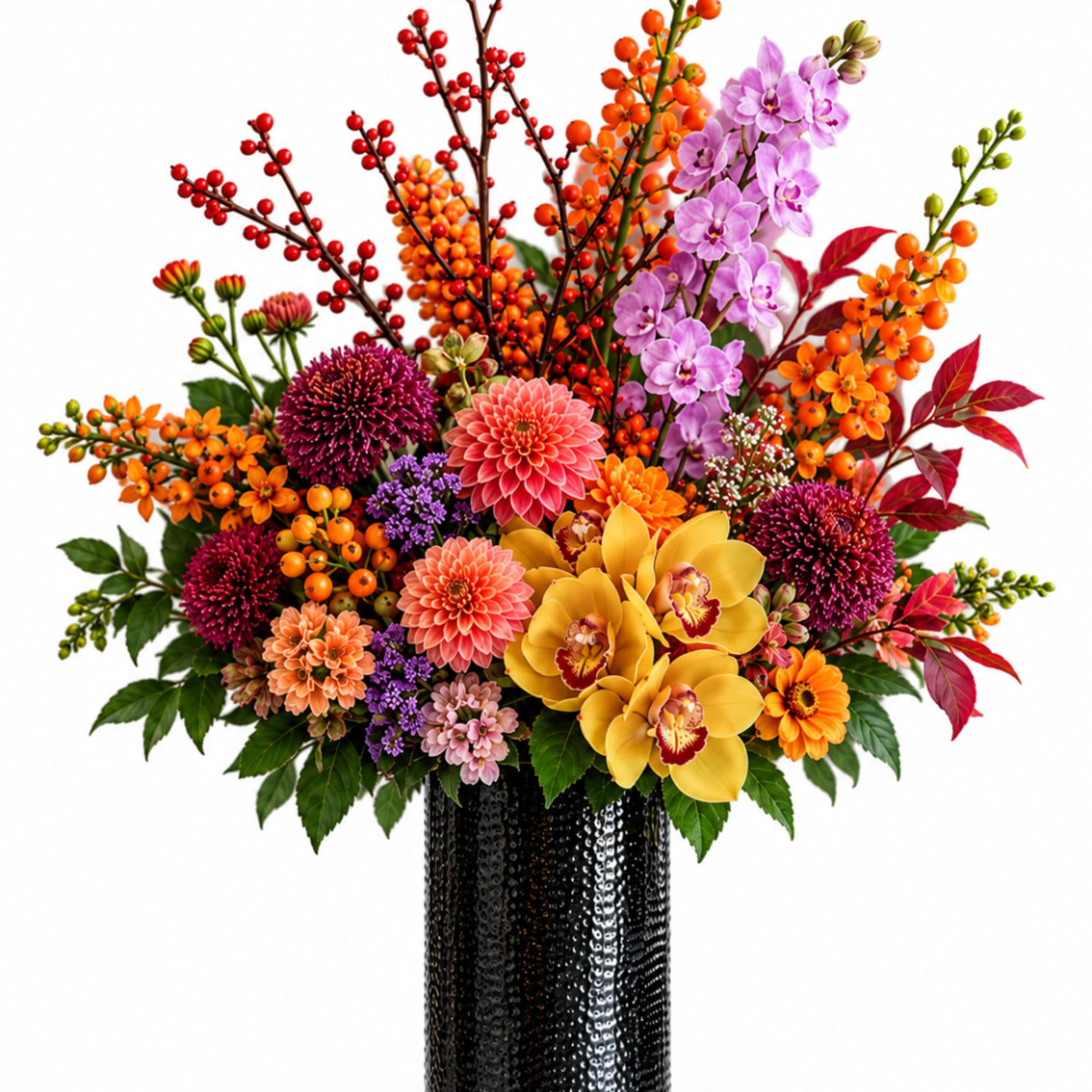Colorful floral arrangement in a black vase with orchids, dahlias, and berry branches