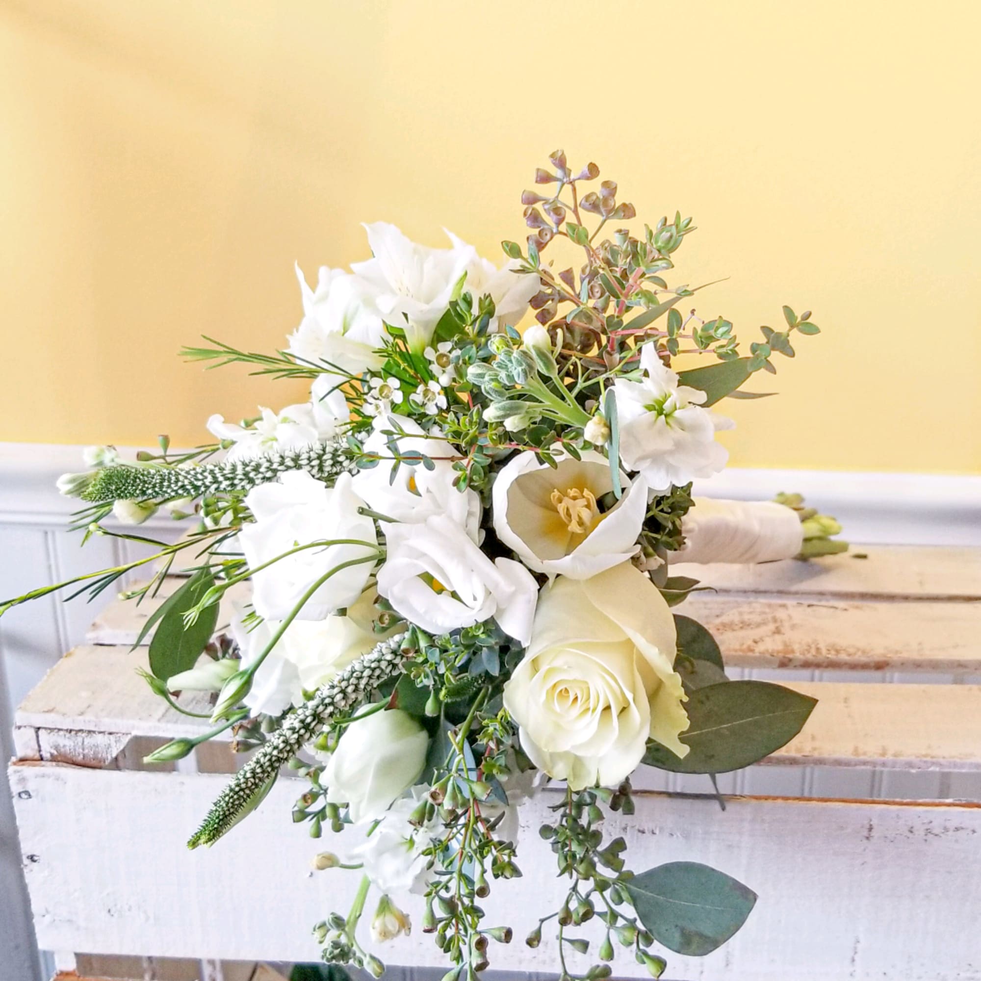 All White (mixed flower) Prom Handheld Bouquet- Loose in Cherry