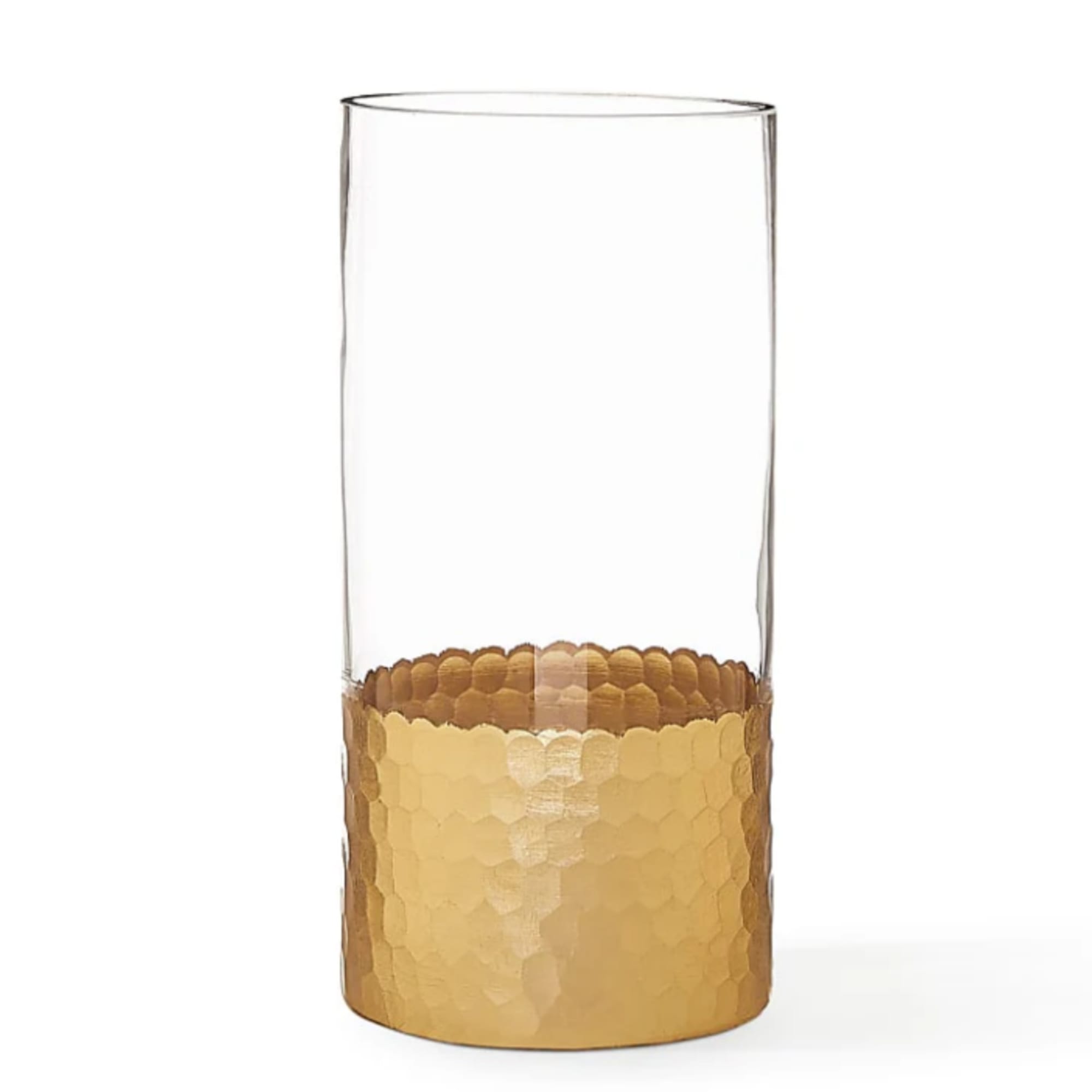 Clear glass cylinder vase with a hammered gold base