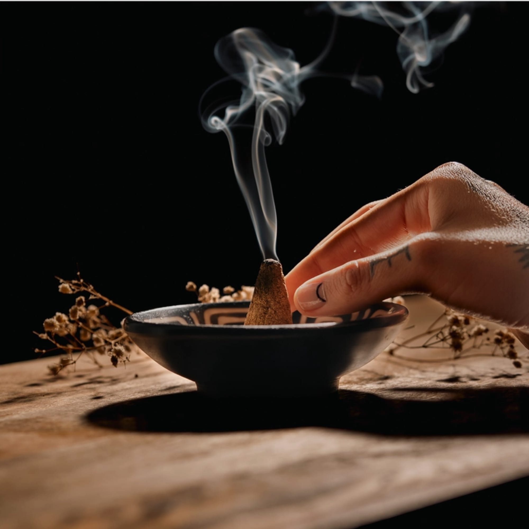 Hand lighting incense in a small bowl on a wooden surface