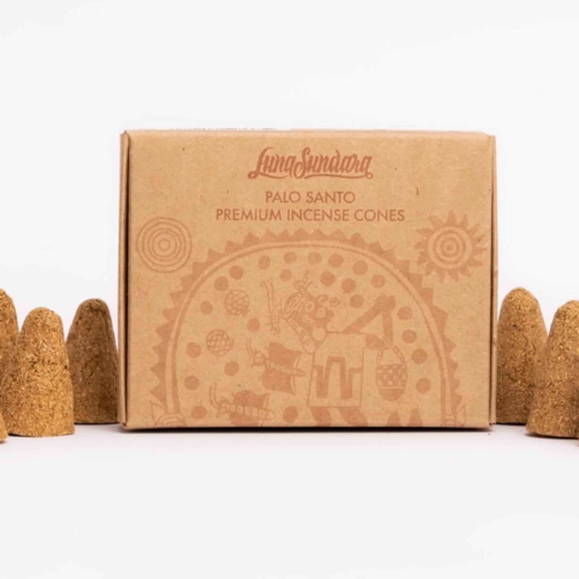Box of palo santo incense cones with cones arranged around it