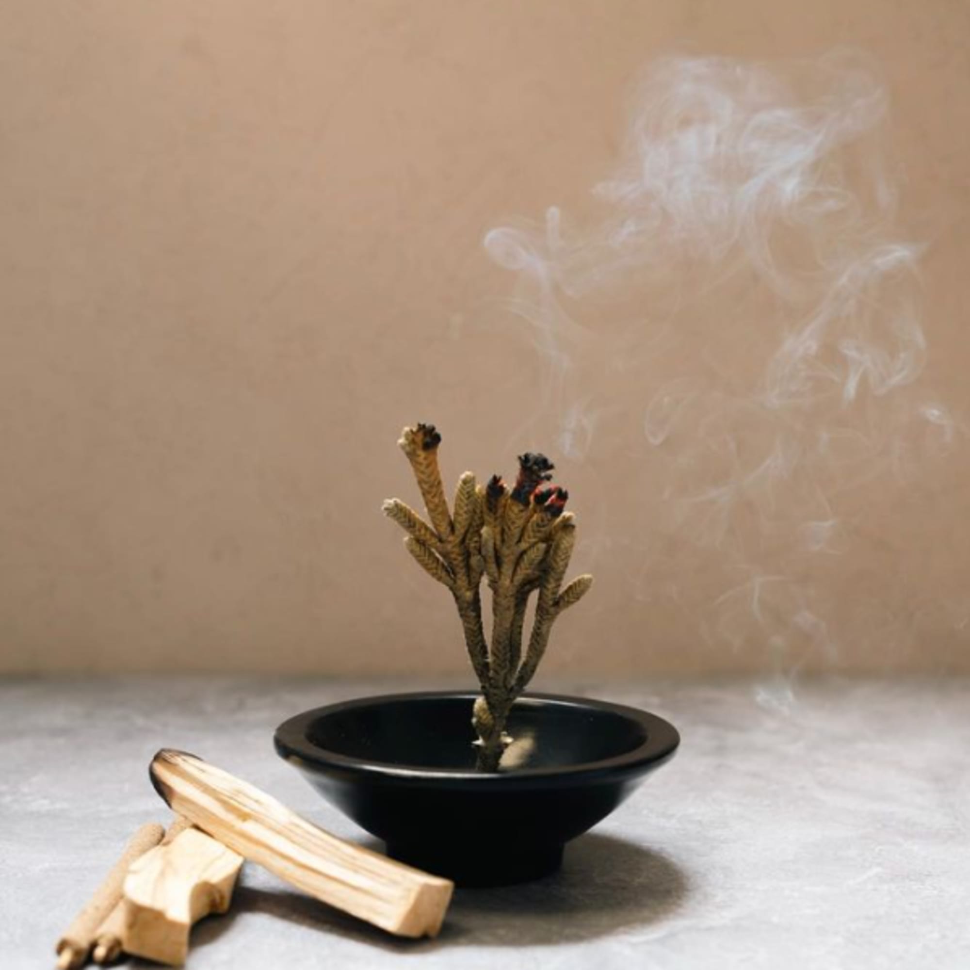 Burning incense sticks in a black bowl with smoke rising