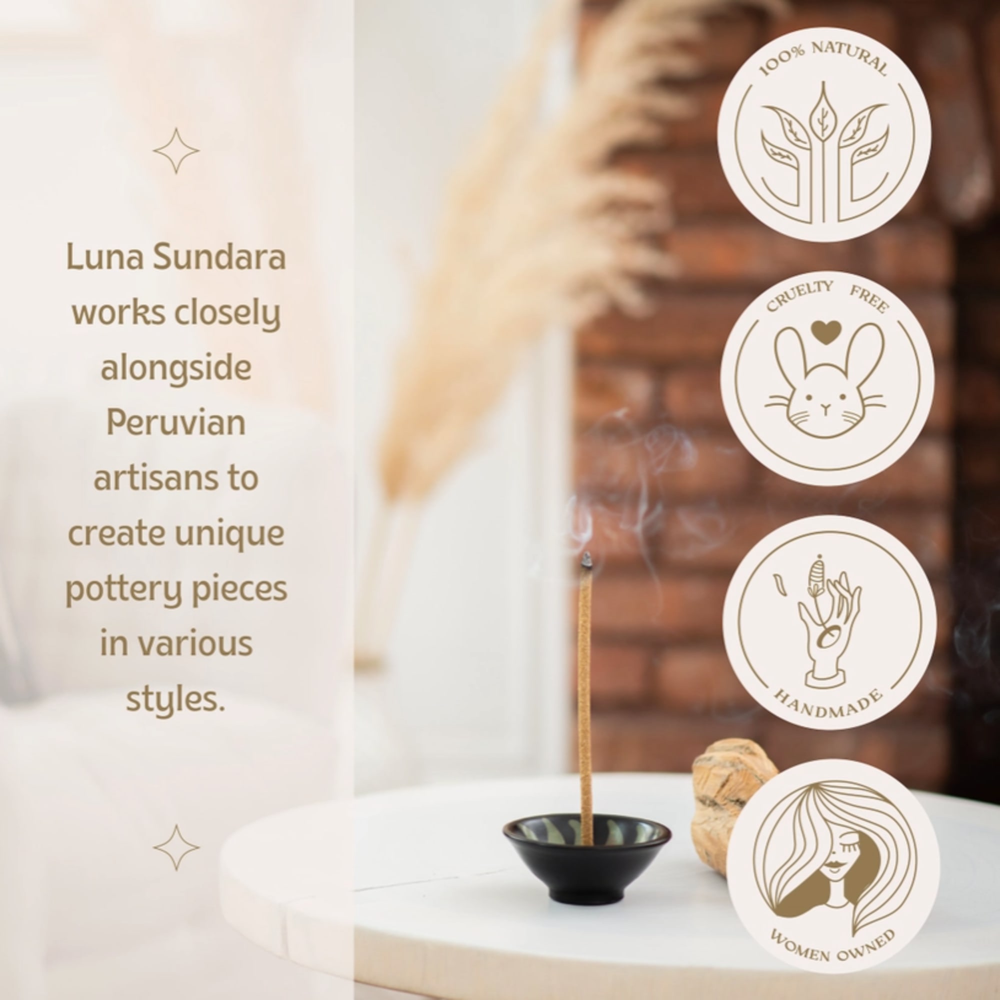 Incense burning in a small black bowl with decorative brand icons and text