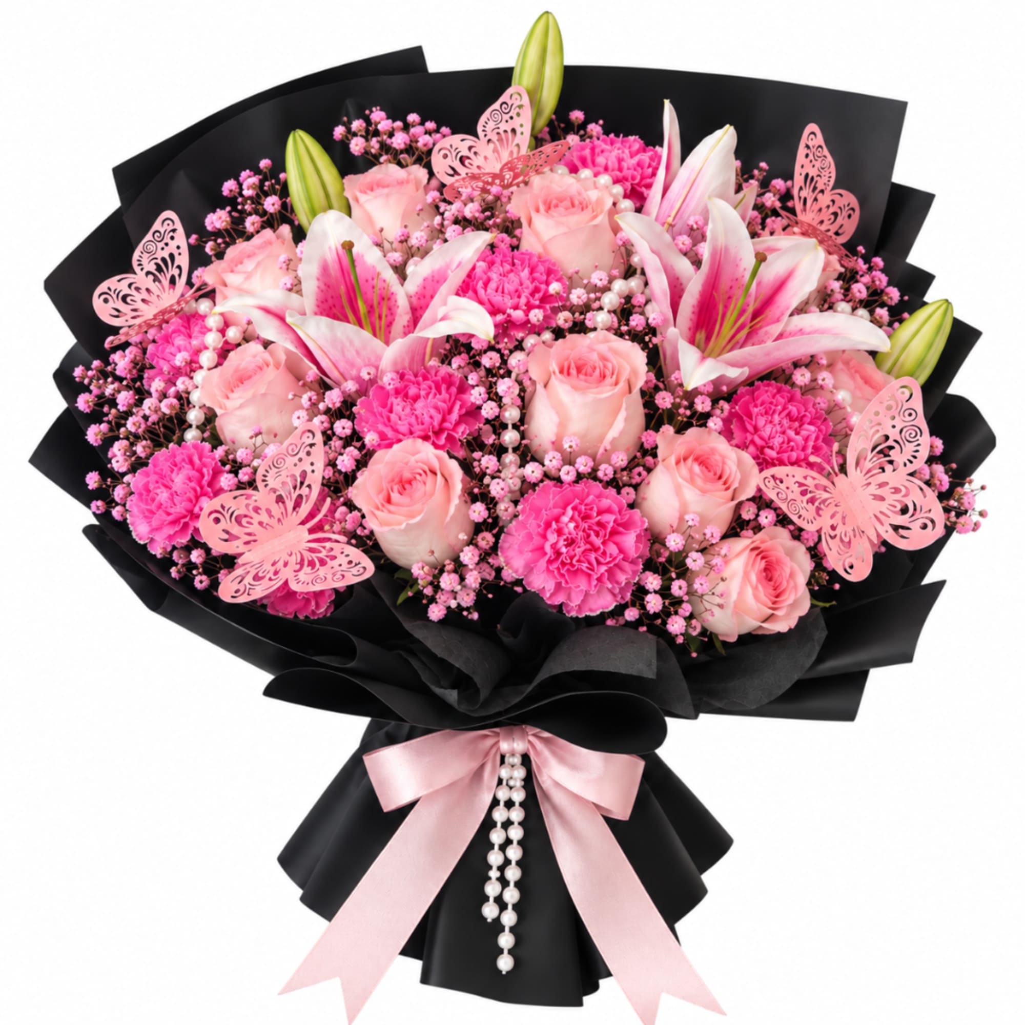 Pink roses and lilies in black wrap with a pink ribbon