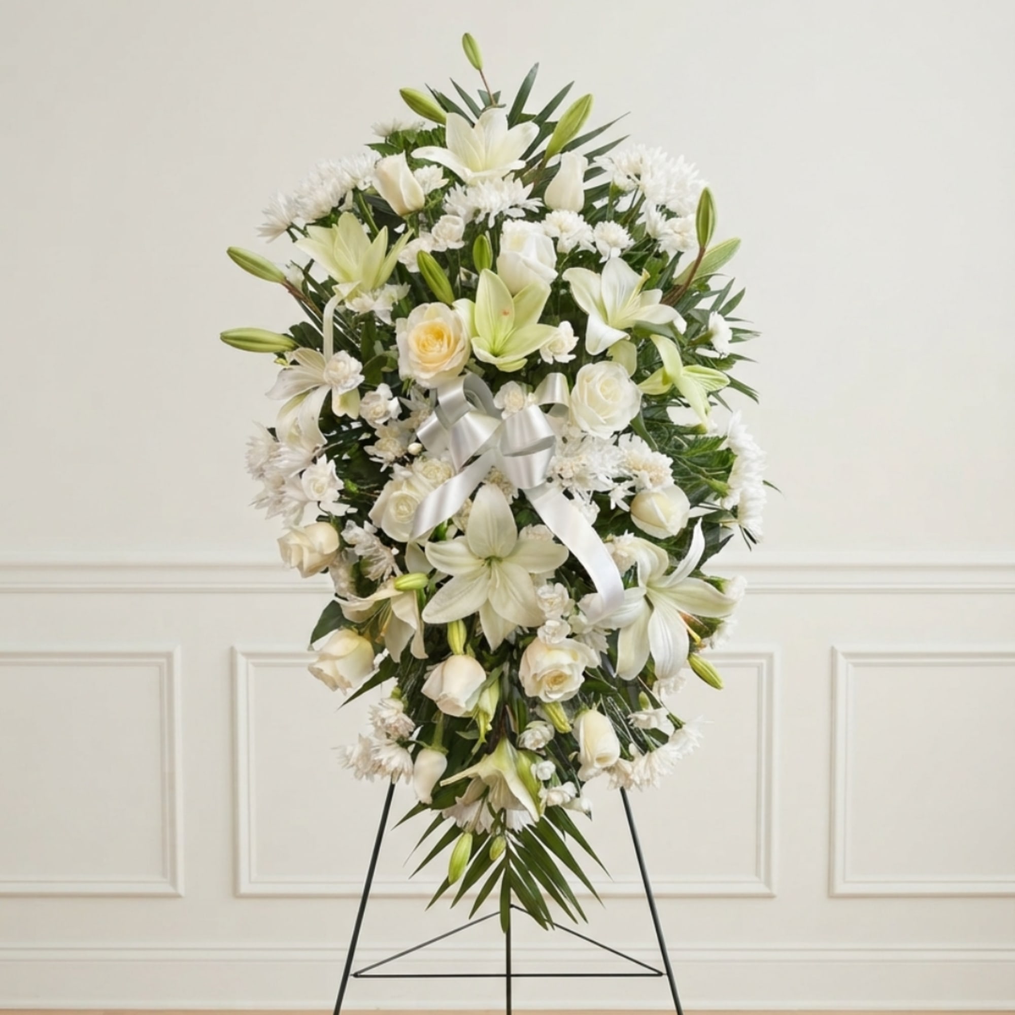 White floral standing spray with lilies, roses, and a silver ribbon on an easel