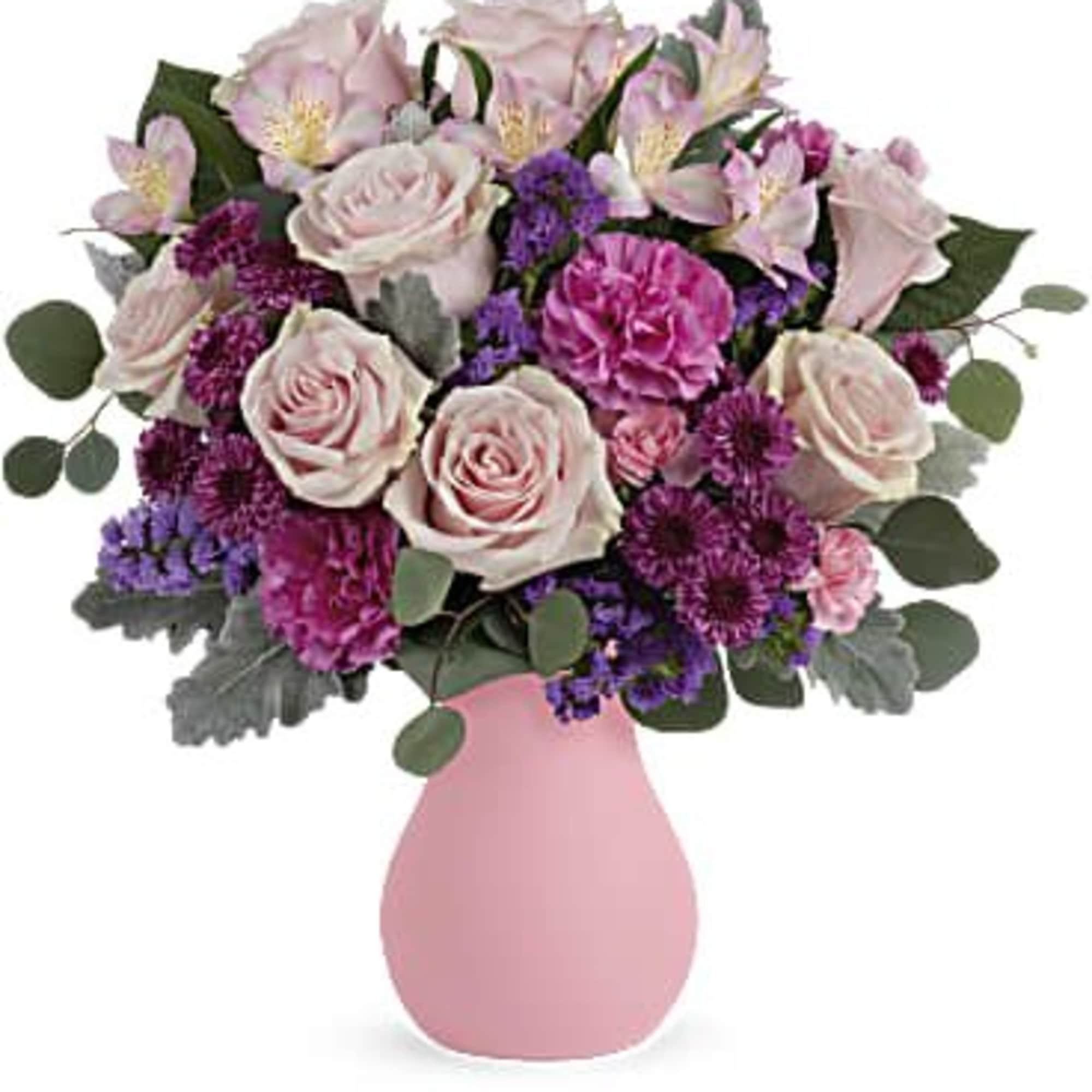 Pink and purple mixed bouquet in a pink vase