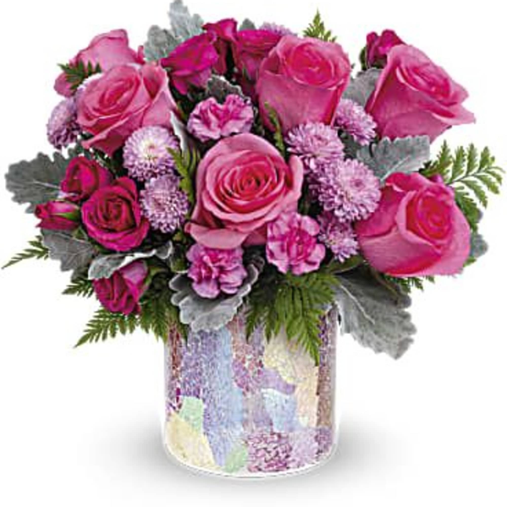 Pink roses and small pink flowers in a pastel mosaic vase