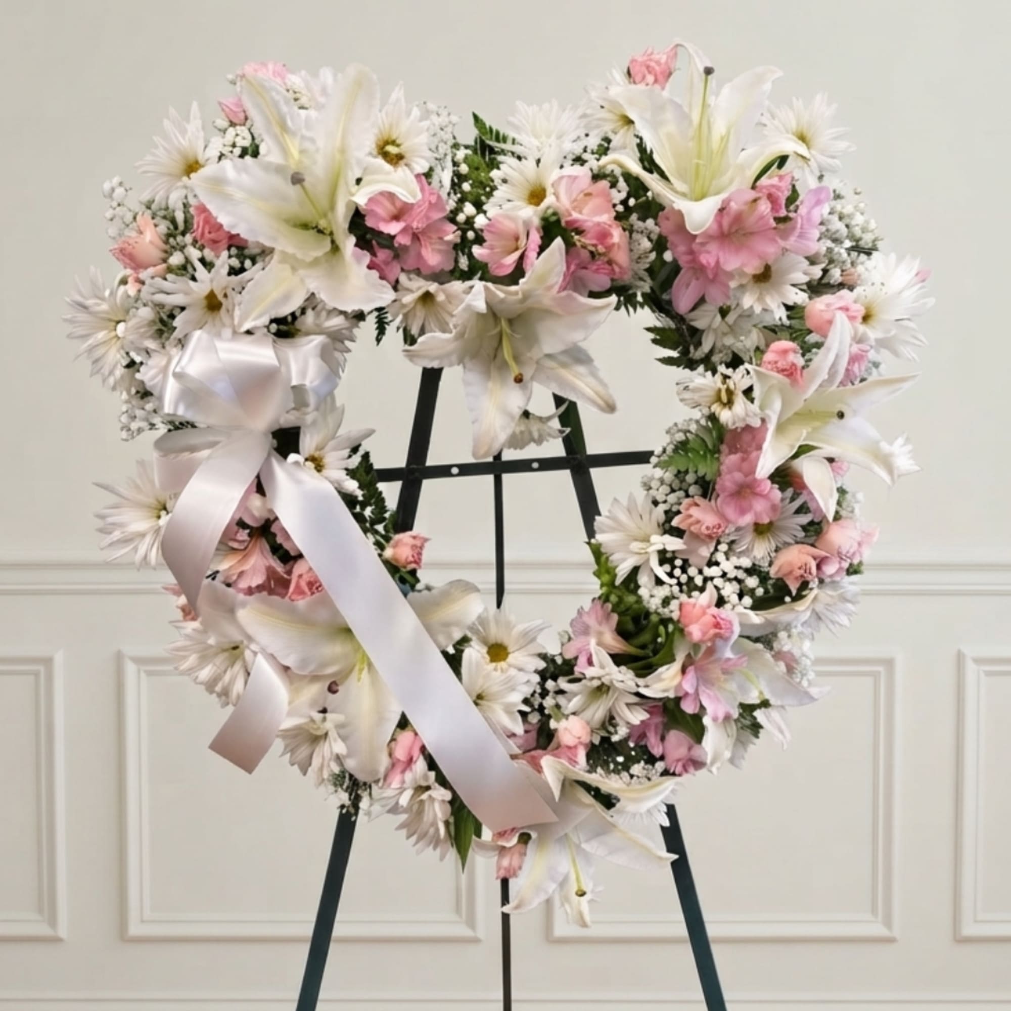 Heart-shaped floral wreath with white lilies and pink flowers on a stand