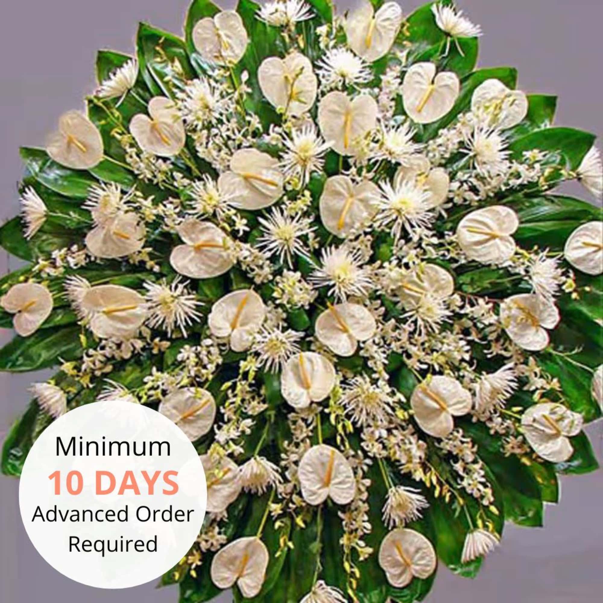 Large round white sympathy spray with anthurium-style blooms, mums, and orchids on dark green foliage